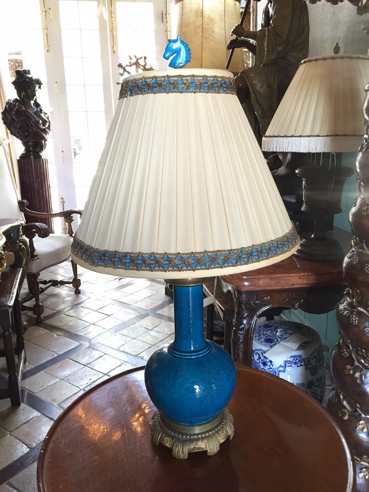 18th Century and Earlier 18th C. Table Lamp Ceramic Baluster Chinese blue Vase & Shade Finial Antiques LA For Sale