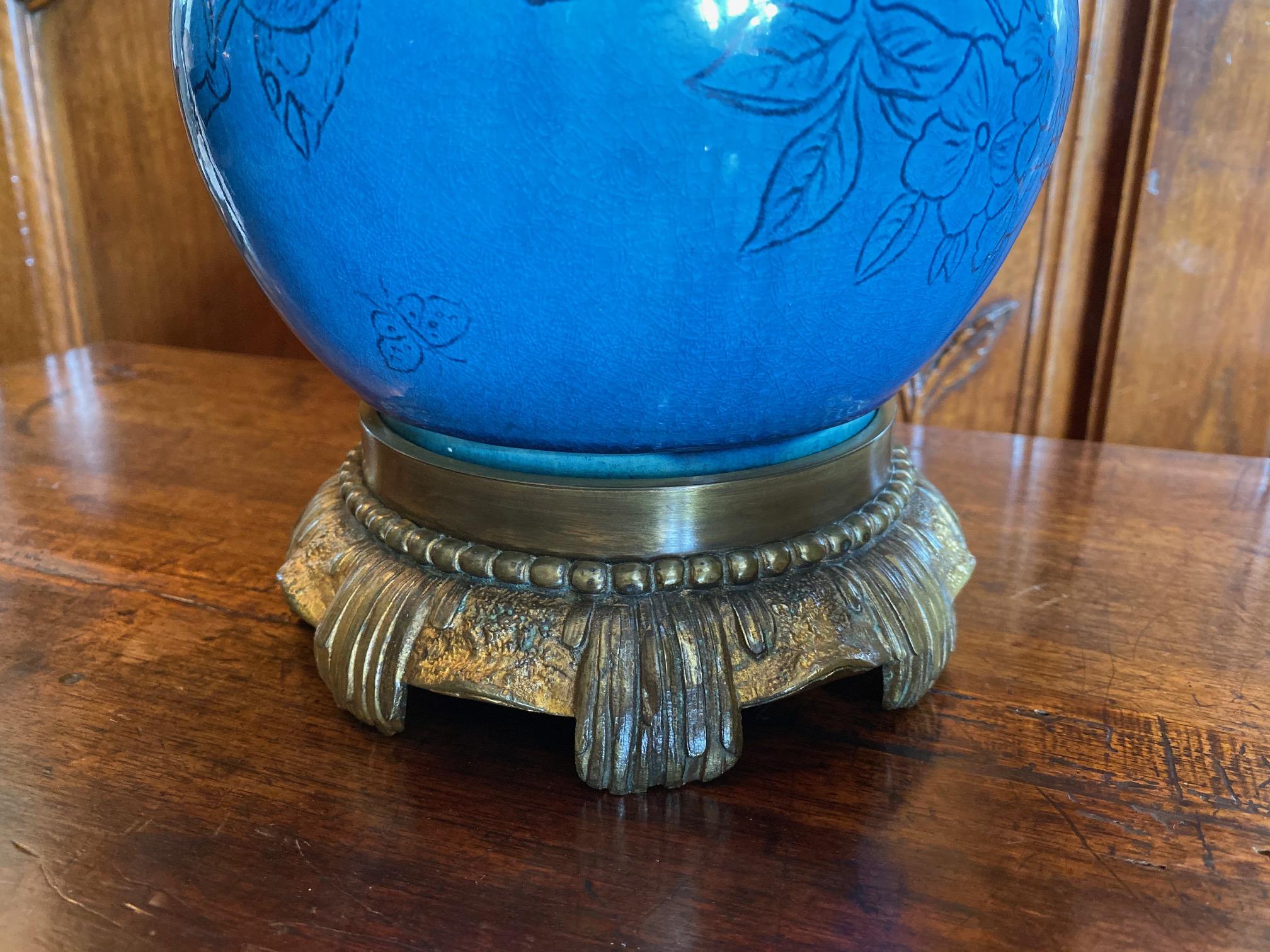 Fabric 18th C. Table Lamp Ceramic Baluster Chinese blue Vase & Shade Finial Antiques LA For Sale