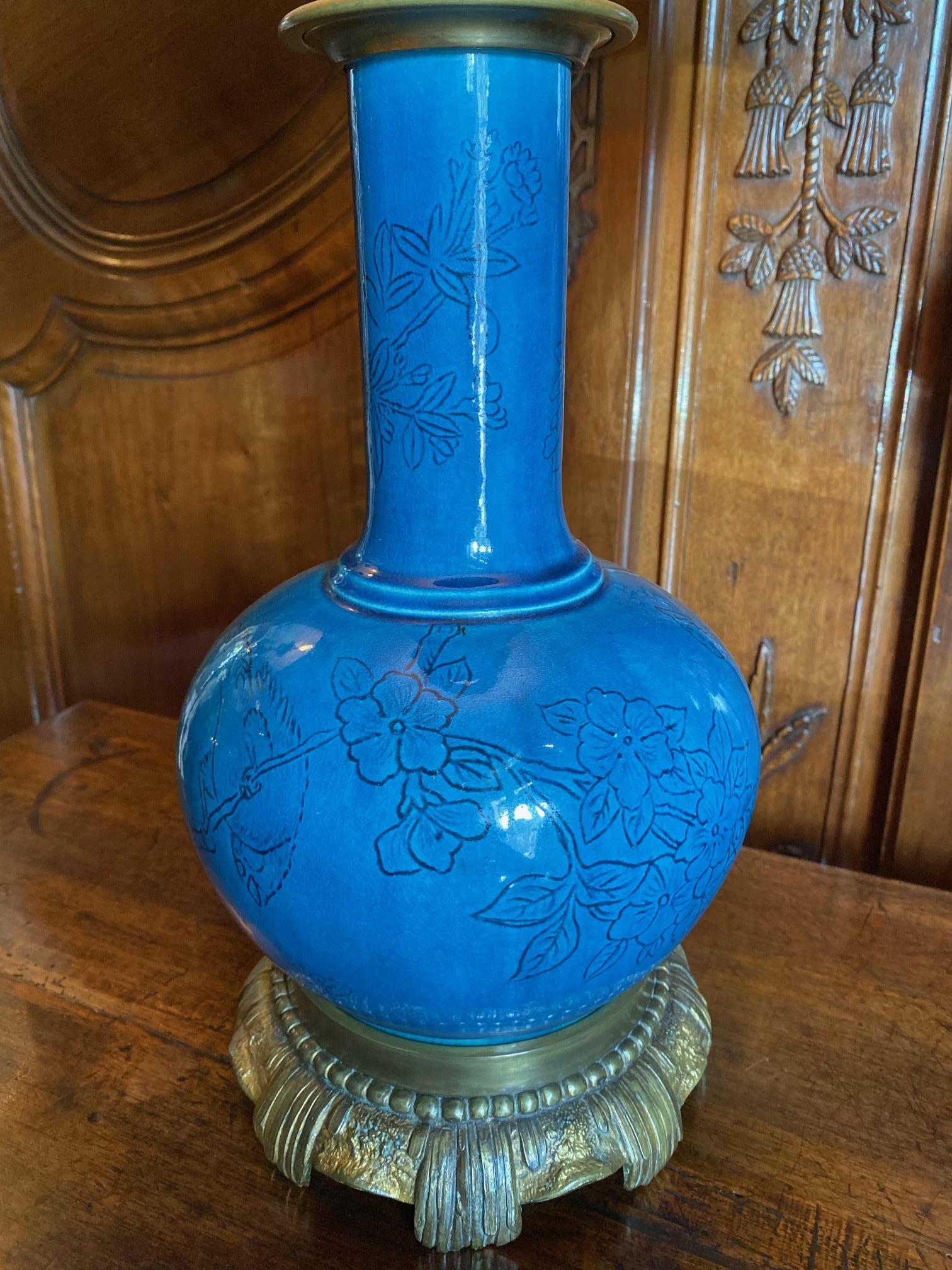 18th C. Table Lamp Ceramic Baluster Chinese blue Vase & Shade Finial Antiques LA For Sale 2