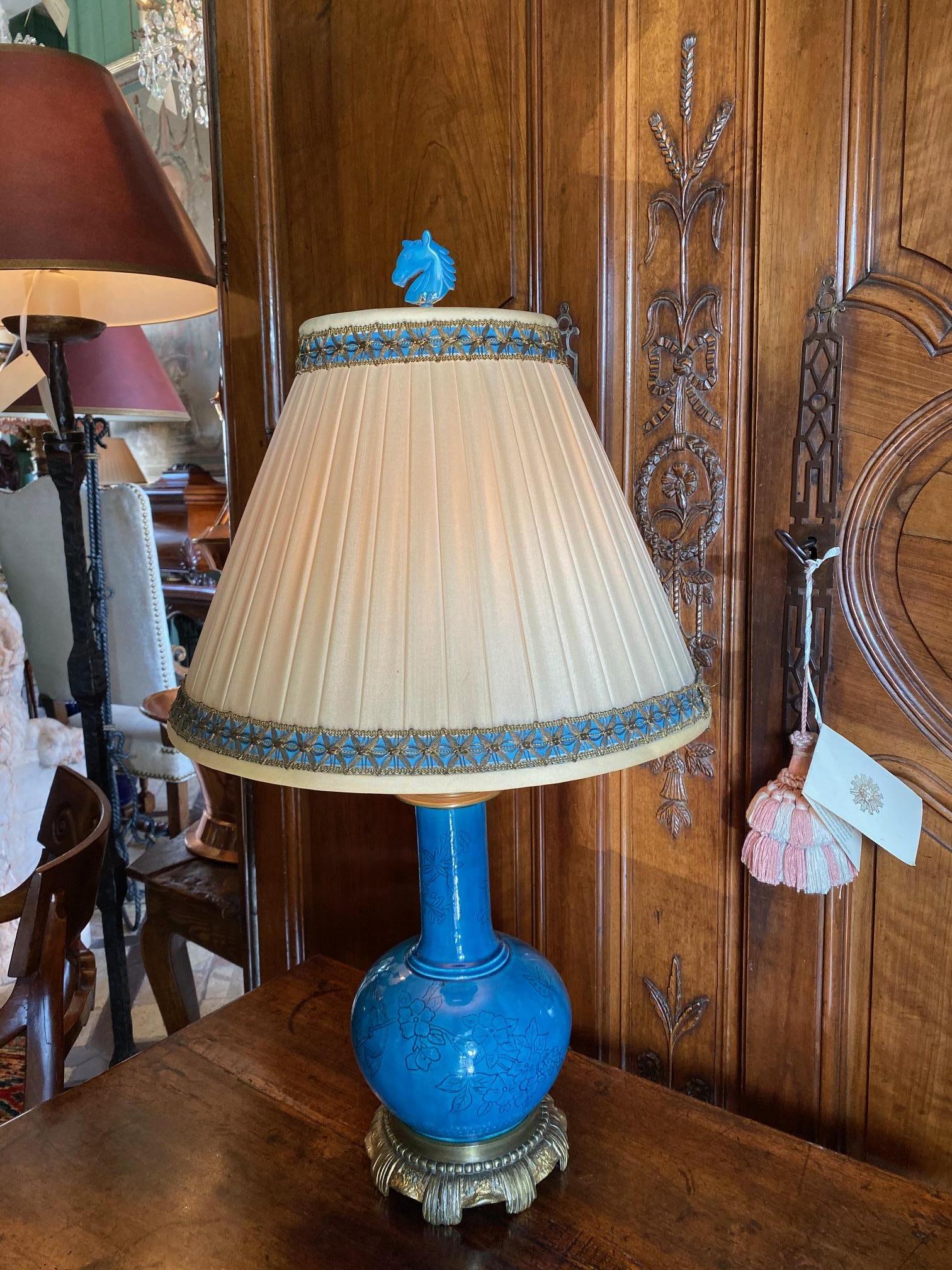 18th C. Table Lamp Ceramic Baluster Chinese blue Vase & Shade Finial Antiques LA For Sale 3