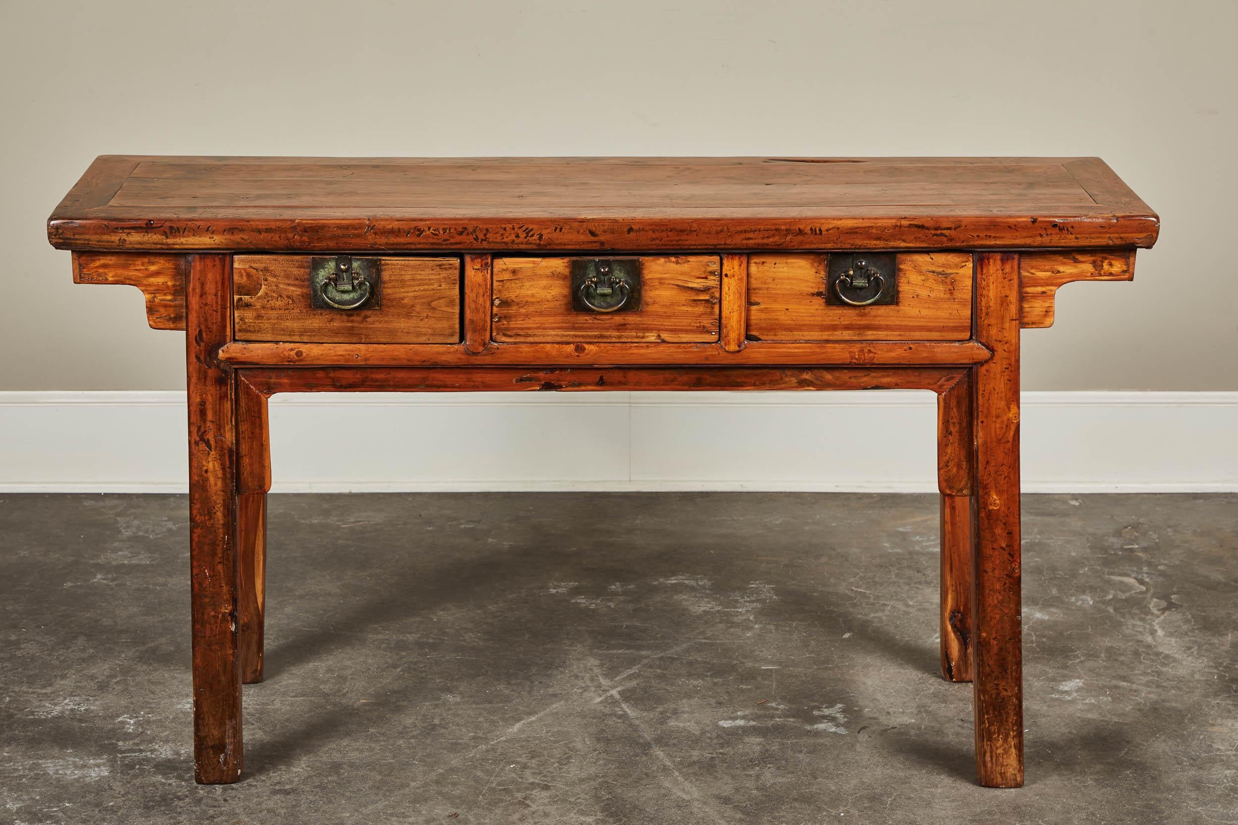 18th C. Chinese Three Drawer Ancient Cedar Sideboard In Good Condition In Pasadena, CA