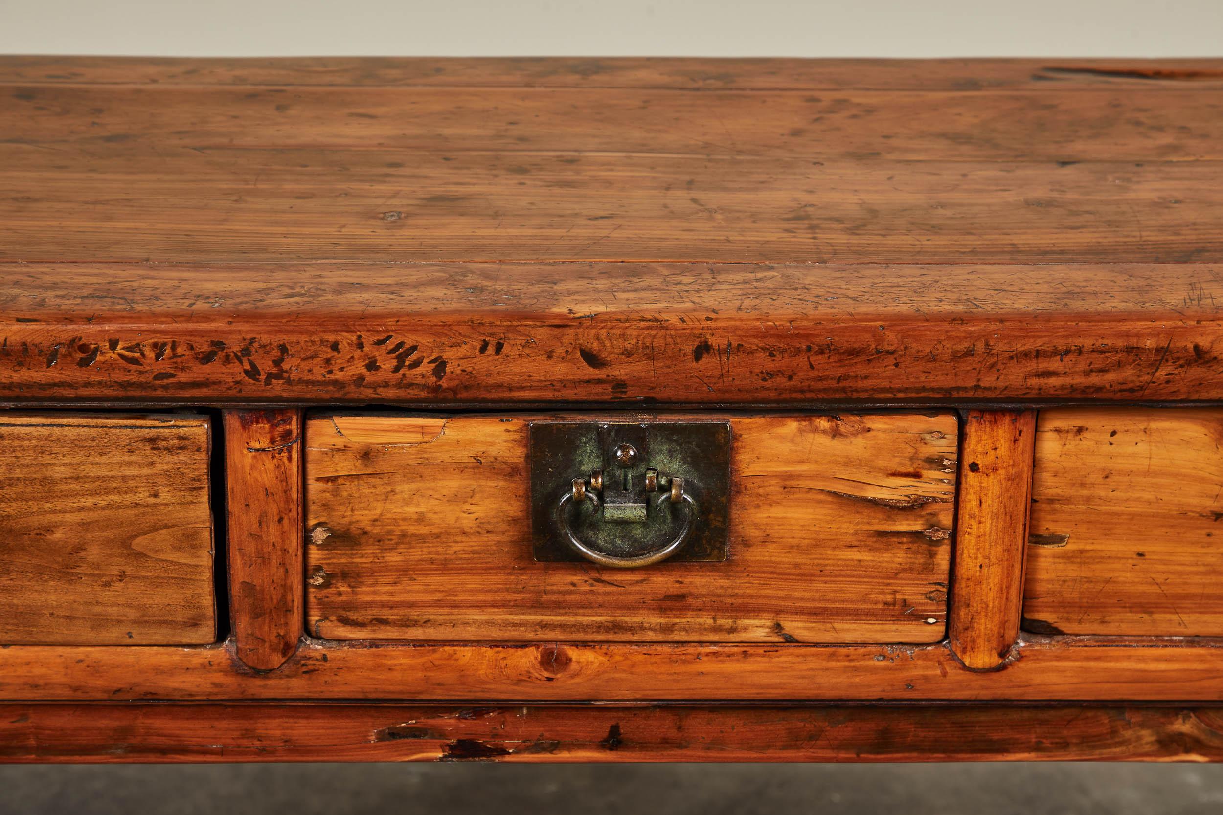 18th C. Chinese Three Drawer Ancient Cedar Sideboard 1