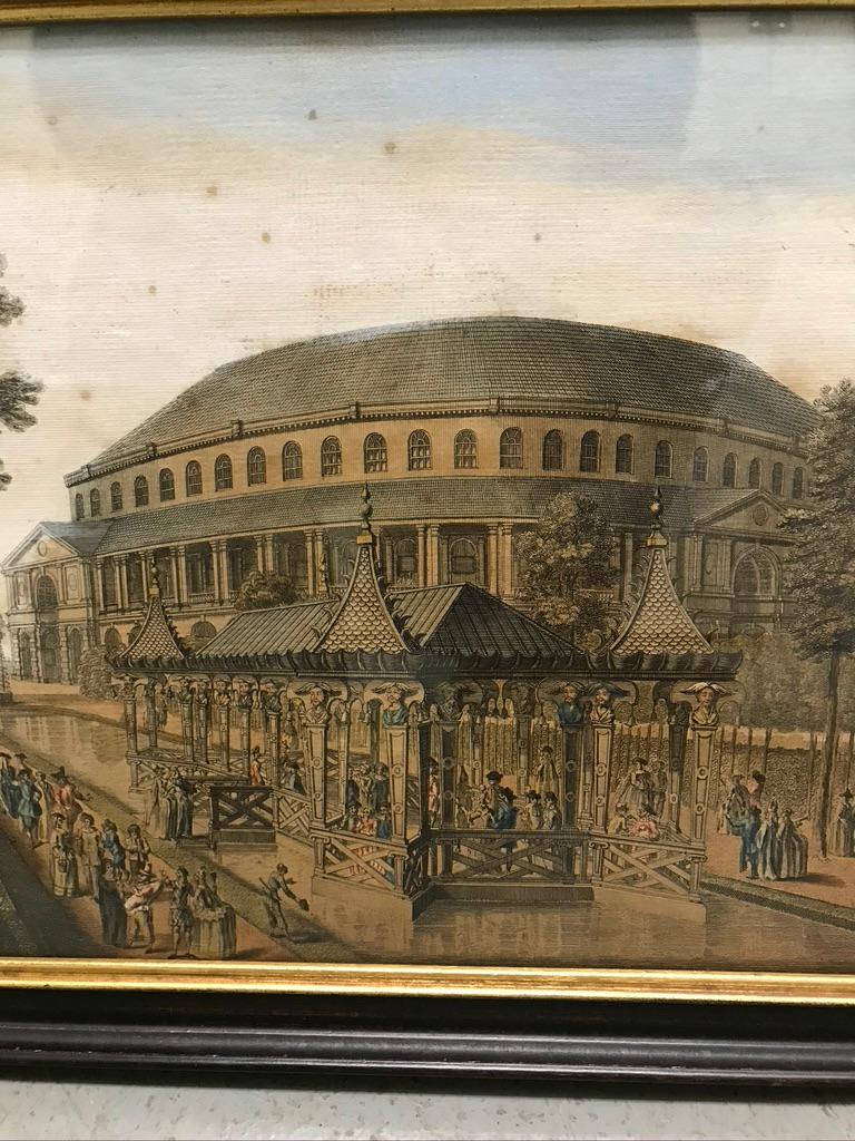 George II 18th C. Colored Engraving, The Chinese House at Ranelagh Gardens After Canaletto For Sale