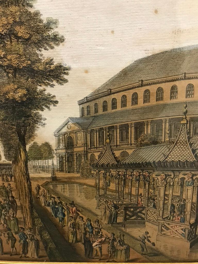 XVIIIe siècle Gravure colorée du 18e siècle, The Chinese House at Ranelagh Gardens d'après Canaletto en vente
