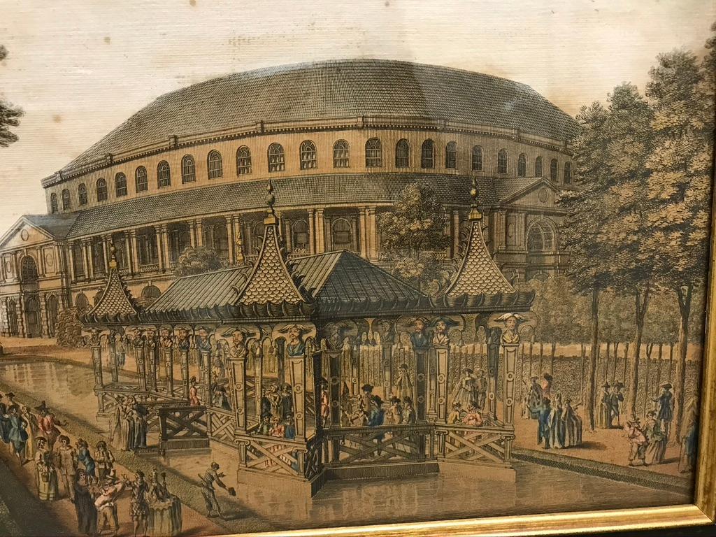 Papier Gravure colorée du 18e siècle, The Chinese House at Ranelagh Gardens d'après Canaletto en vente