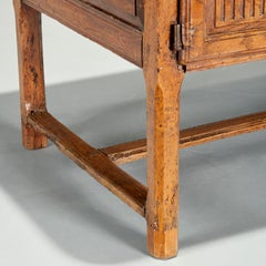 18th C. Continental Baroque Carved Oak Table with Storage and Iron Hardware