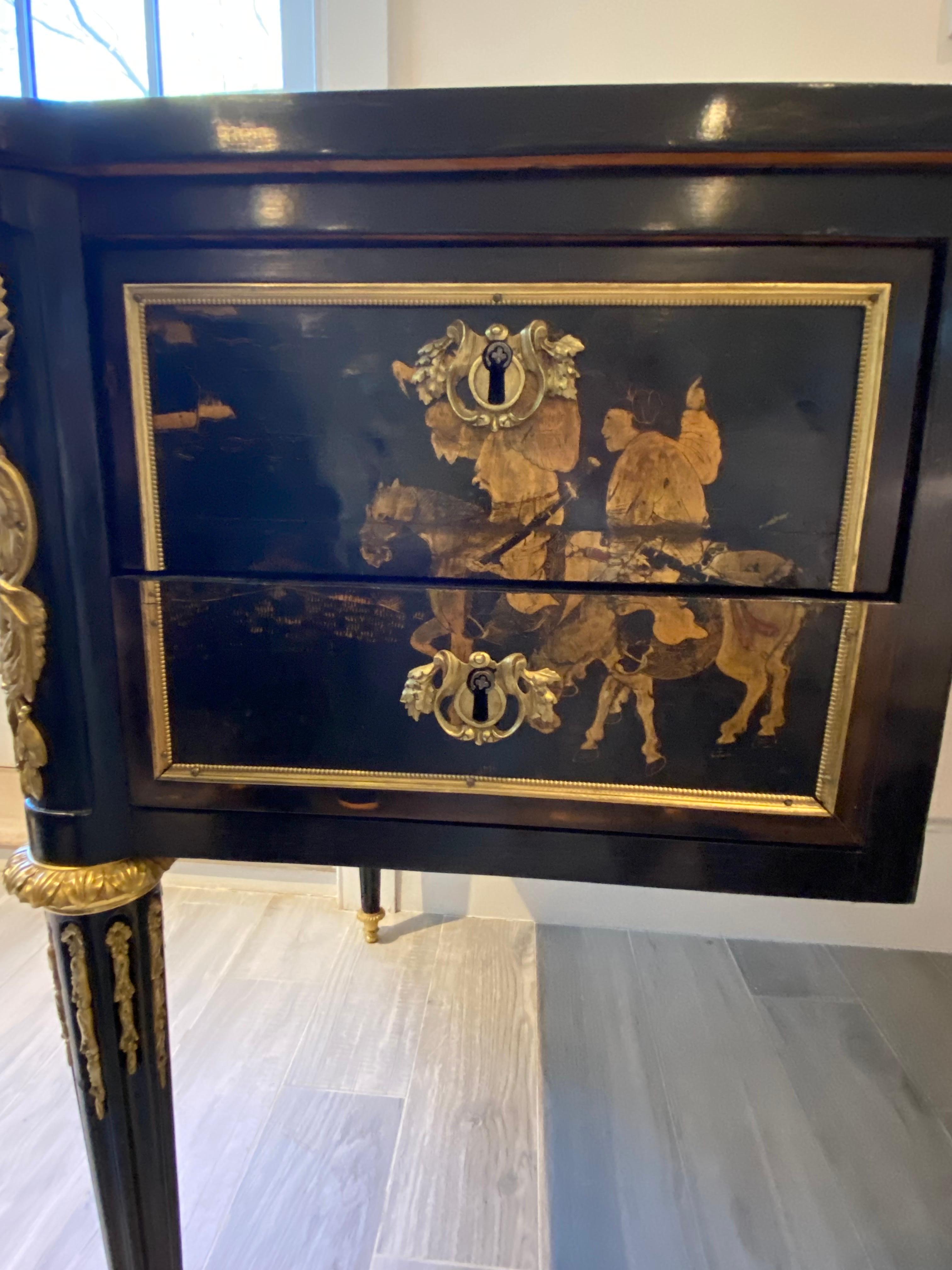 18th Century and Earlier 18th C. Continental Black Lacquer Chinoiserie Bureau Plat W Gilt Bronze Ormolu For Sale