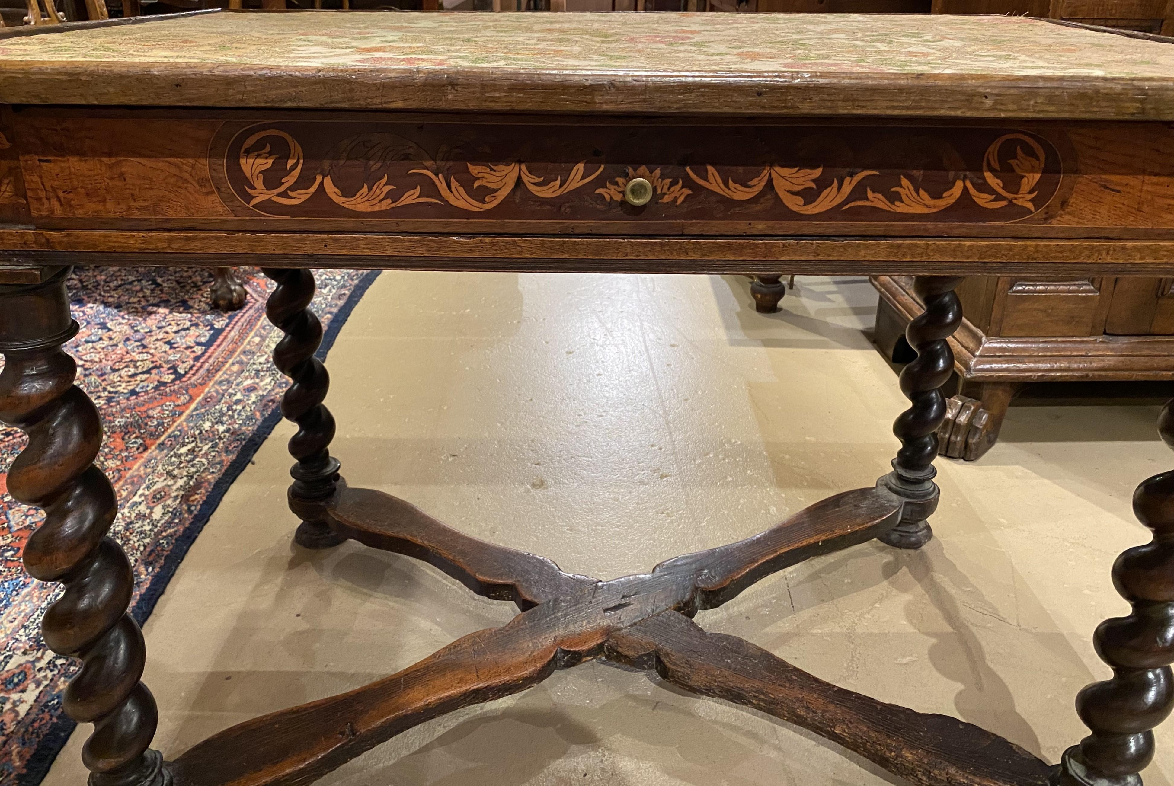 European 18th c Continental Fruitwood Table with Fabric Lined Top and Barley Twist Legs For Sale