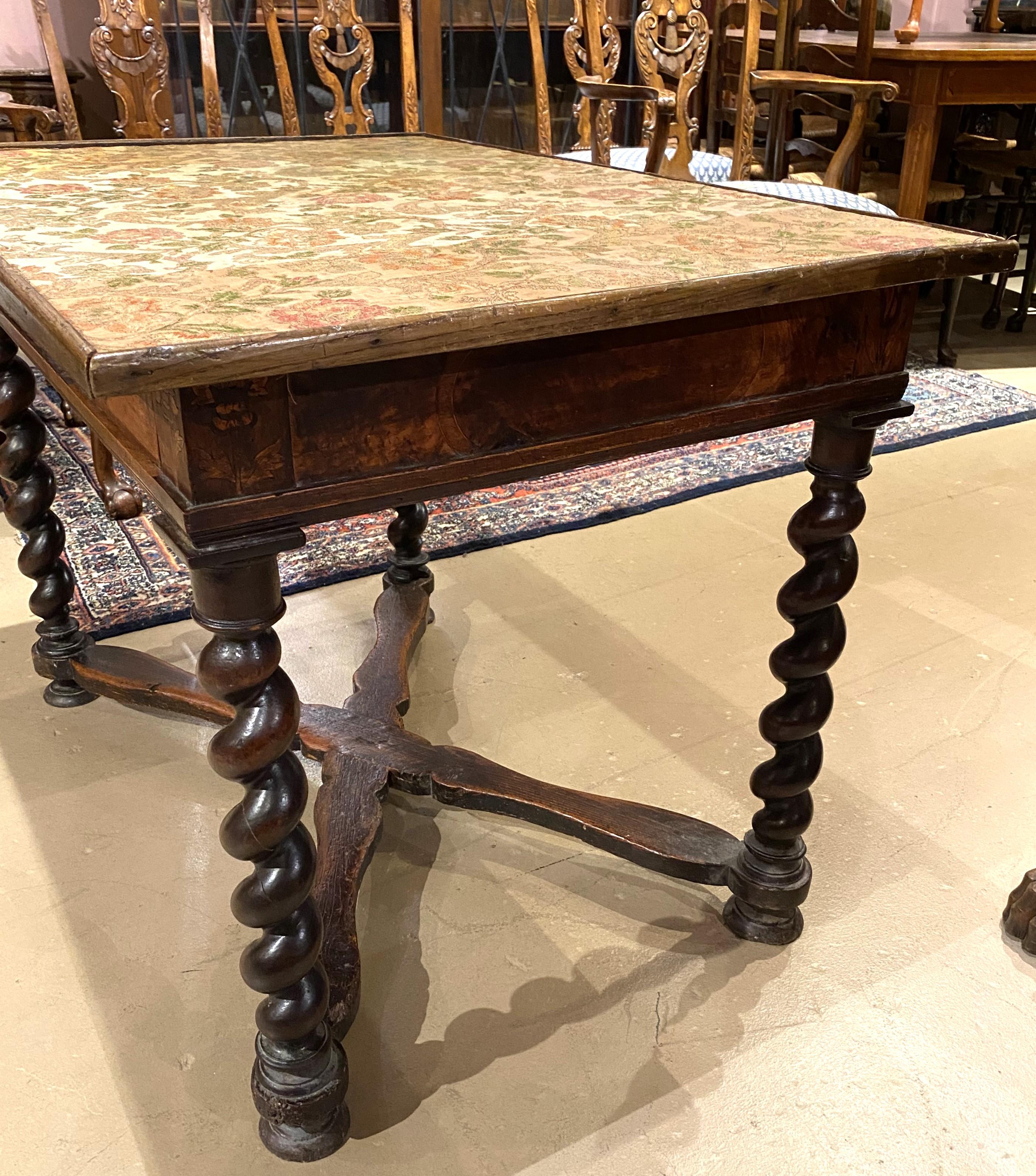 18th c Continental Fruitwood Table with Fabric Lined Top and Barley Twist Legs In Good Condition For Sale In Milford, NH
