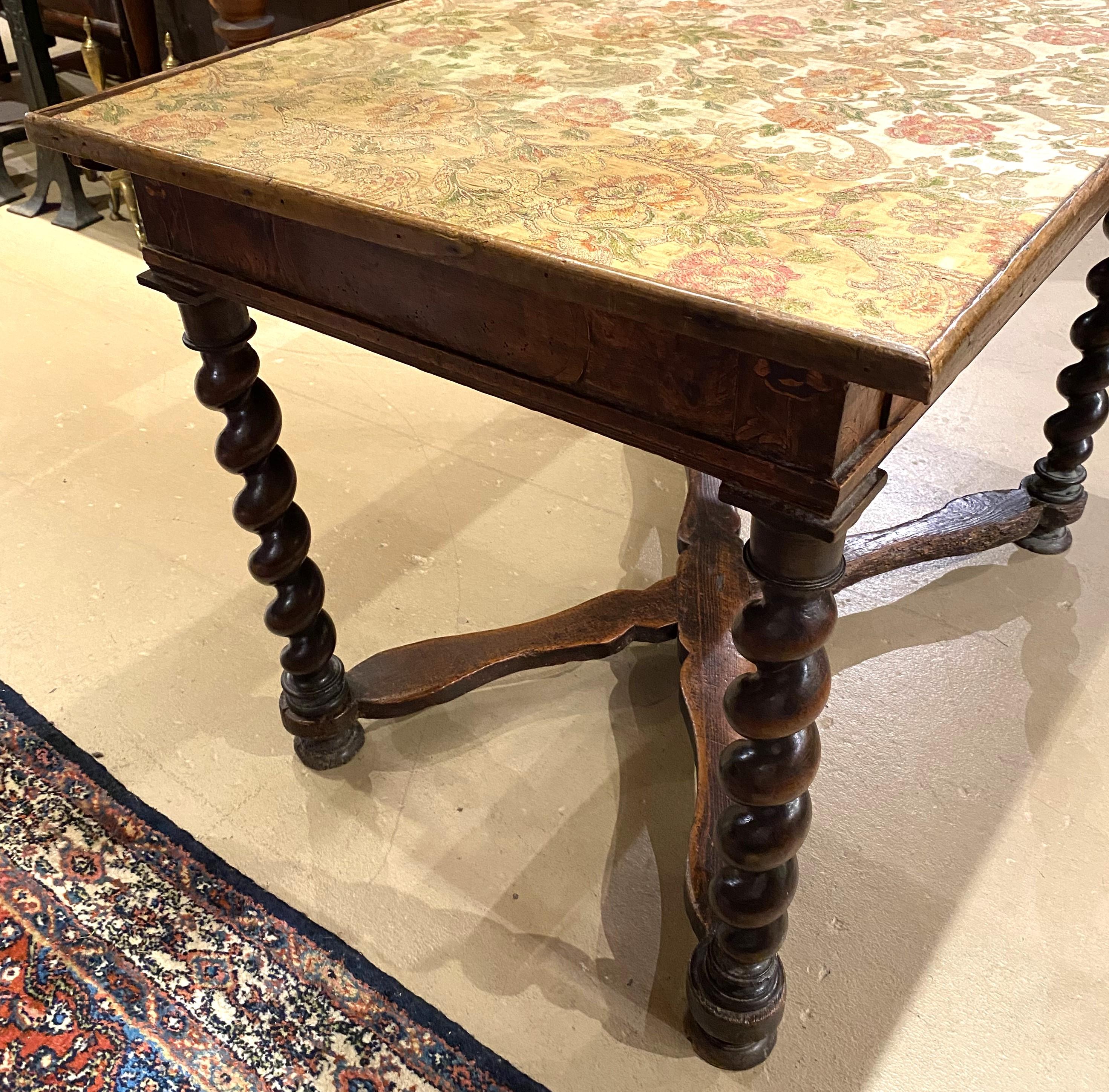 18th Century and Earlier 18th c Continental Fruitwood Table with Fabric Lined Top and Barley Twist Legs For Sale