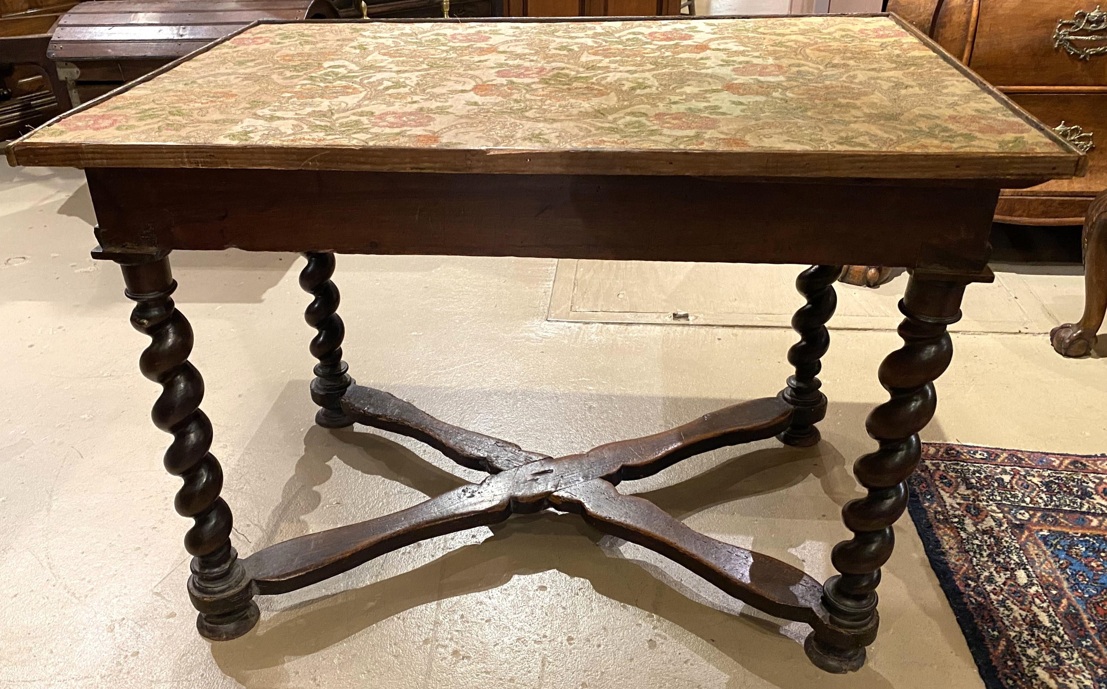 18th c Continental Fruitwood Table with Fabric Lined Top and Barley Twist Legs For Sale 1