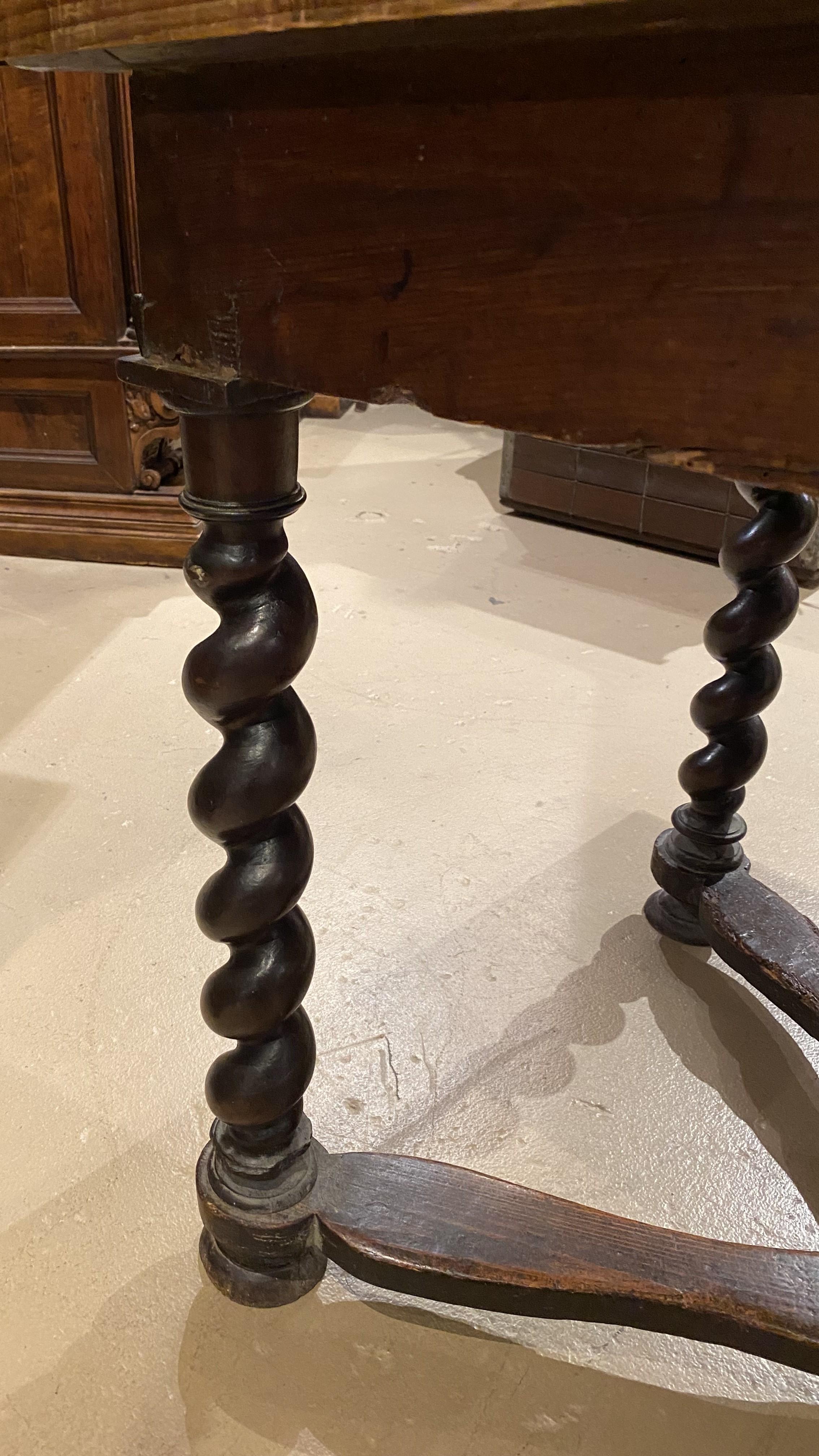 18th c Continental Fruitwood Table with Fabric Lined Top and Barley Twist Legs For Sale 2