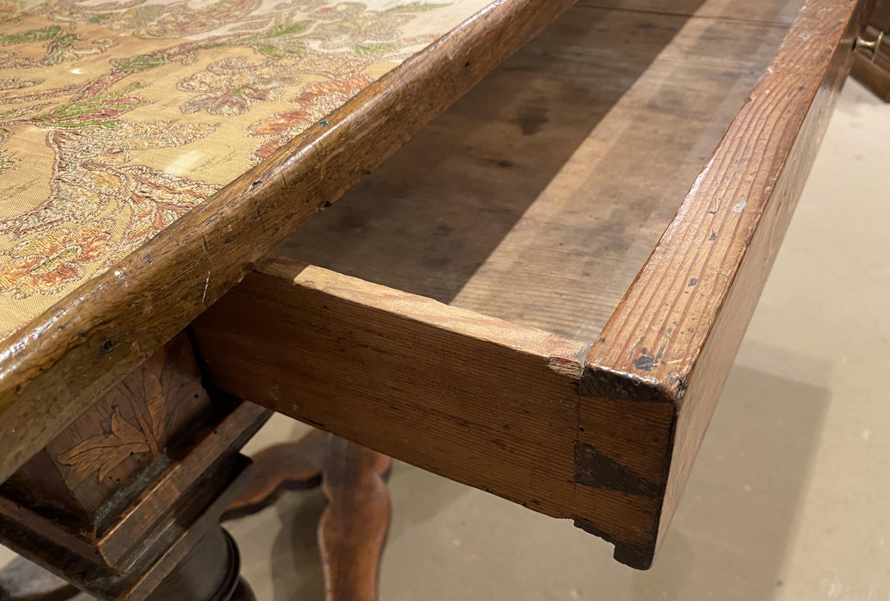 18th c Continental Fruitwood Table with Fabric Lined Top and Barley Twist Legs For Sale 3