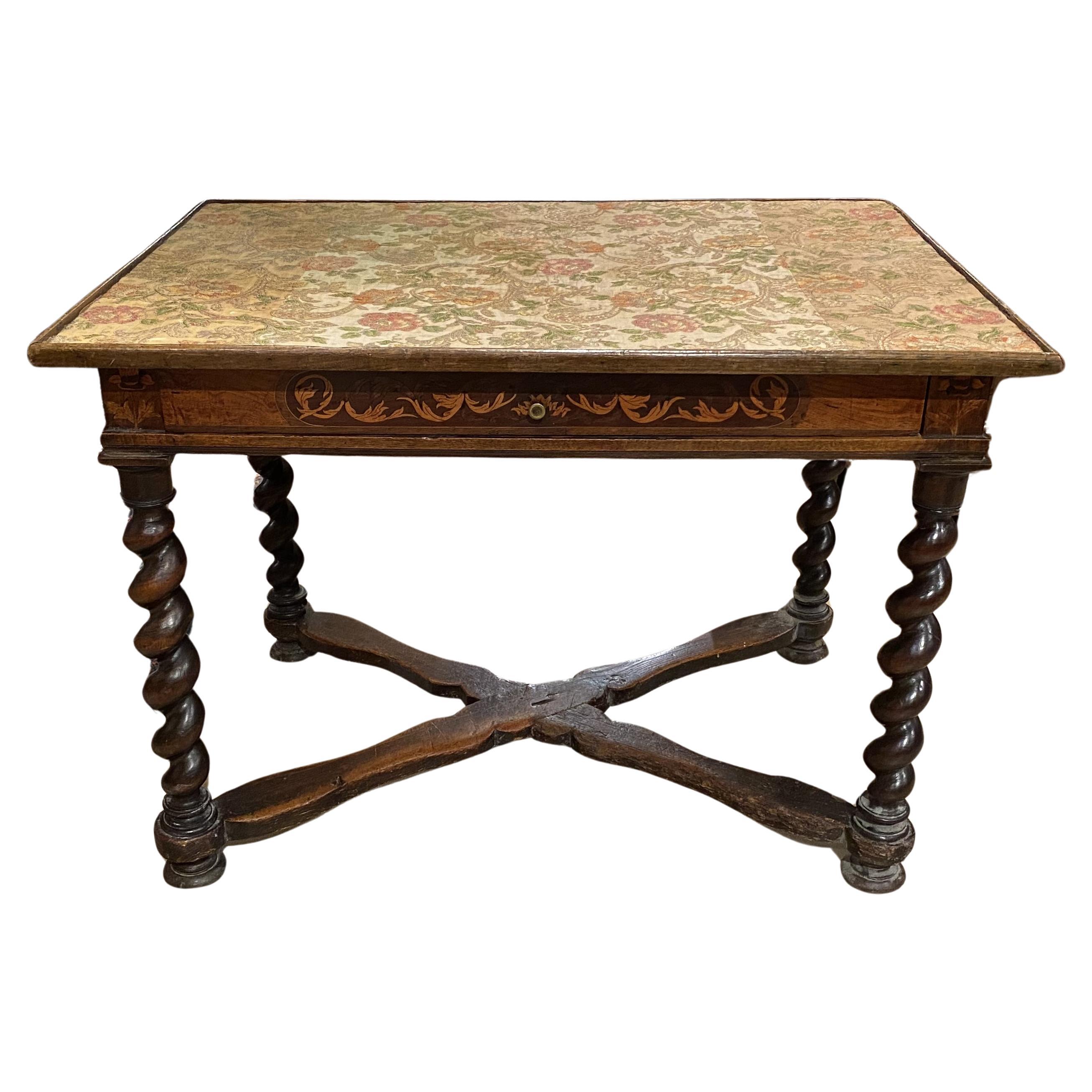 18th c Continental Fruitwood Table with Fabric Lined Top and Barley Twist Legs For Sale