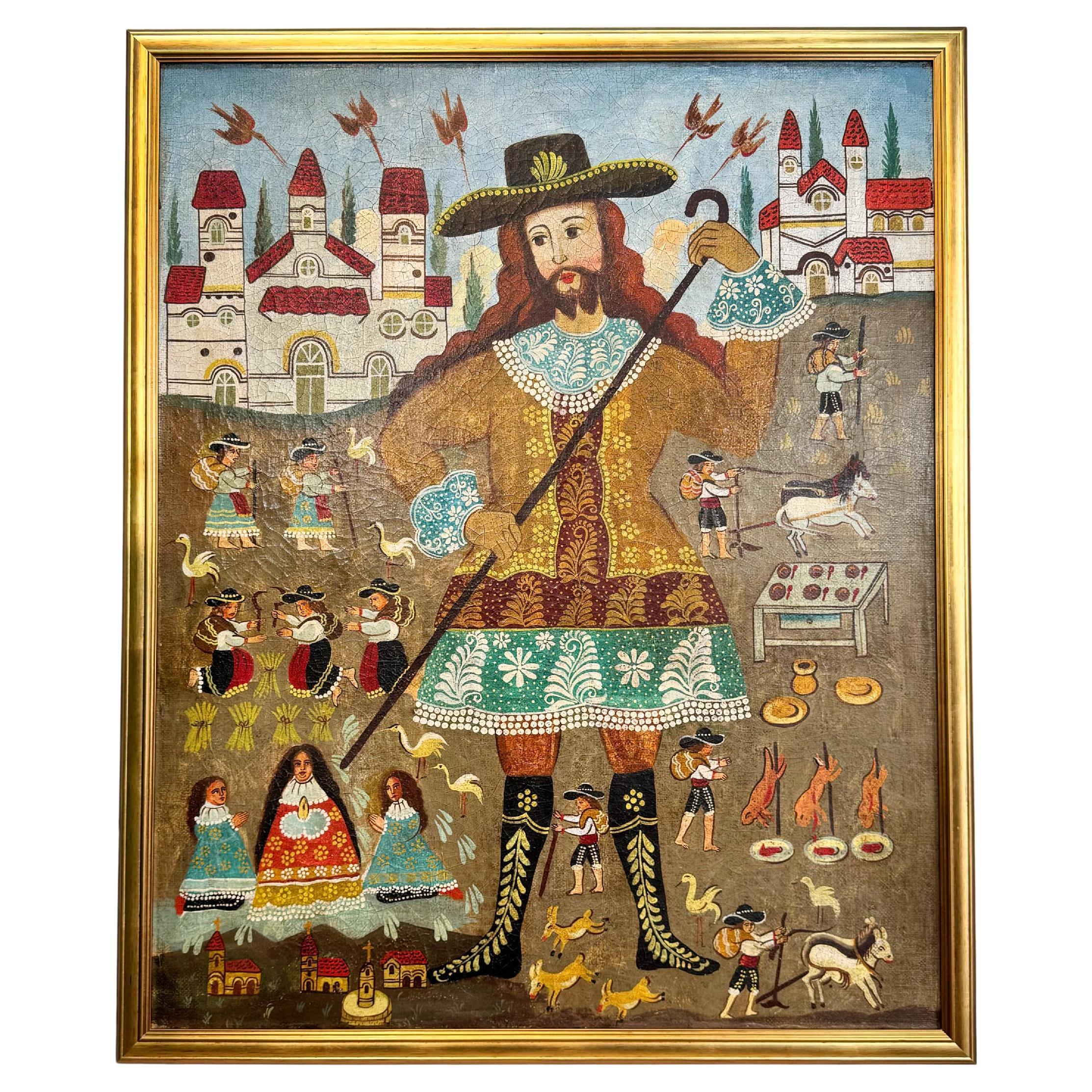 18th C Cuzco School Oil on Canvas Saint Isidore the Labourer For Sale