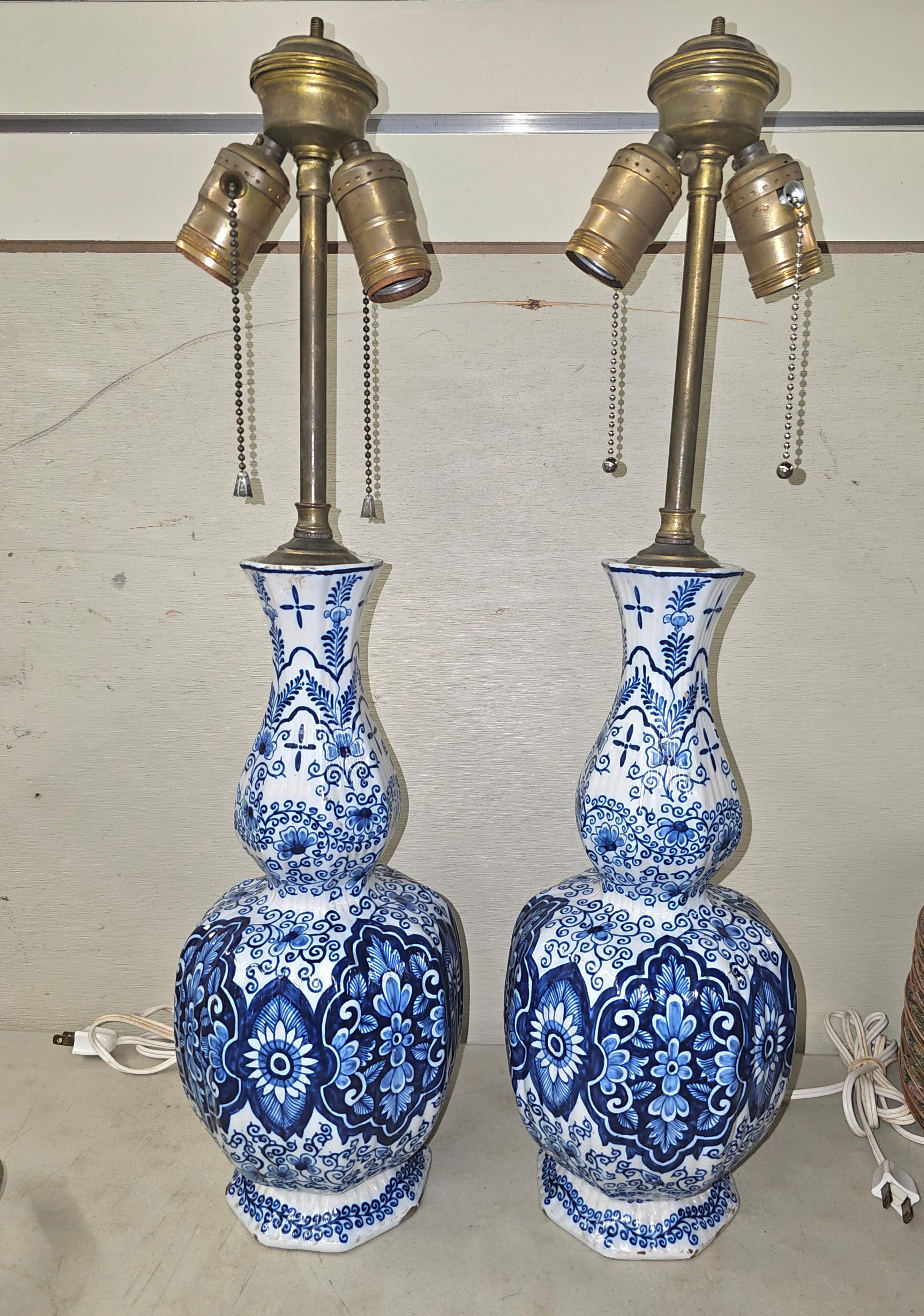 Dutch Colonial 18th C. Royal Delft Blue and White Lamp Mounted Vases, Signed Van Duijn Pair For Sale
