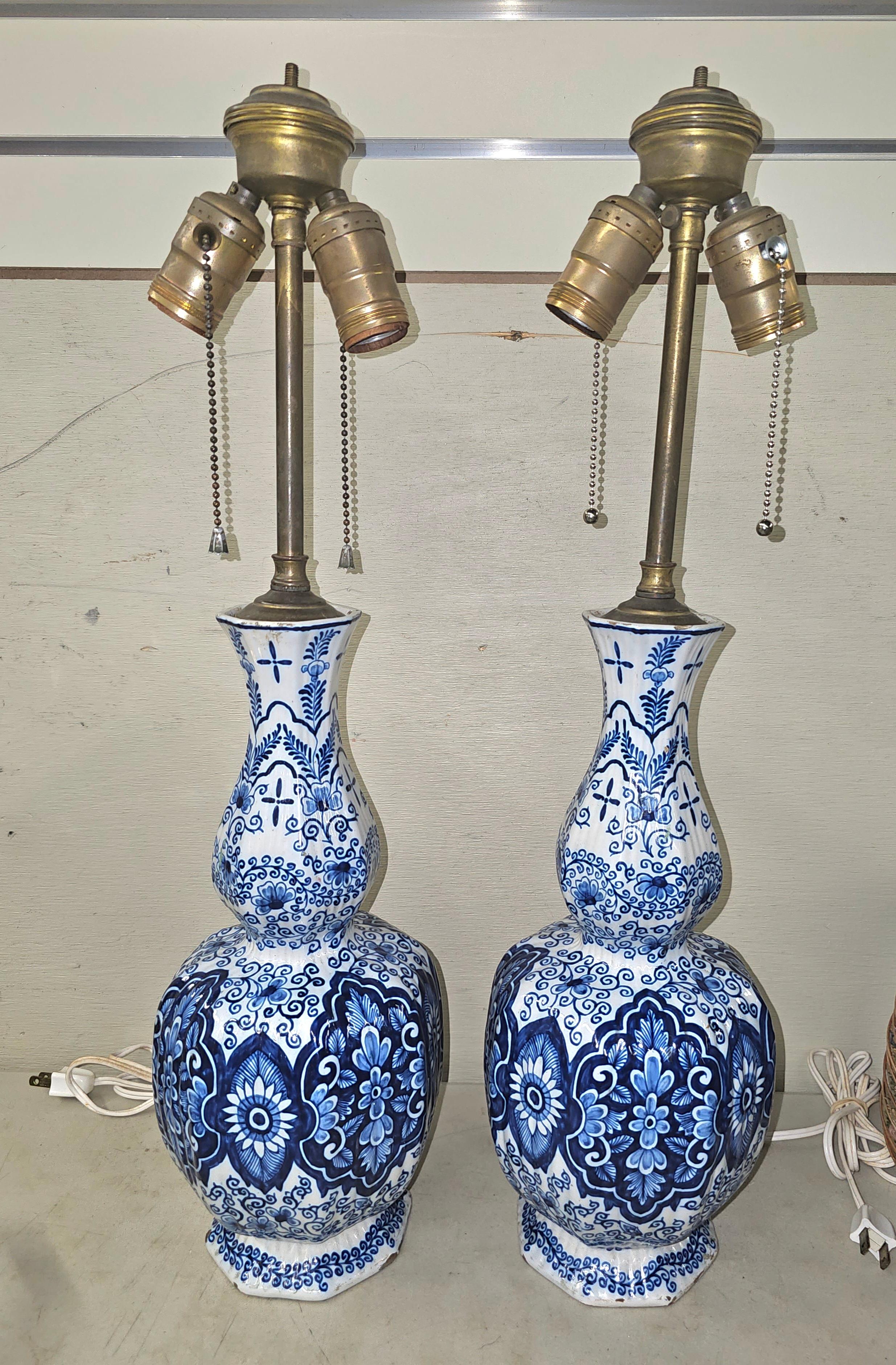 Hand-Painted 18th C. Royal Delft Blue and White Lamp Mounted Vases, Signed Van Duijn Pair For Sale