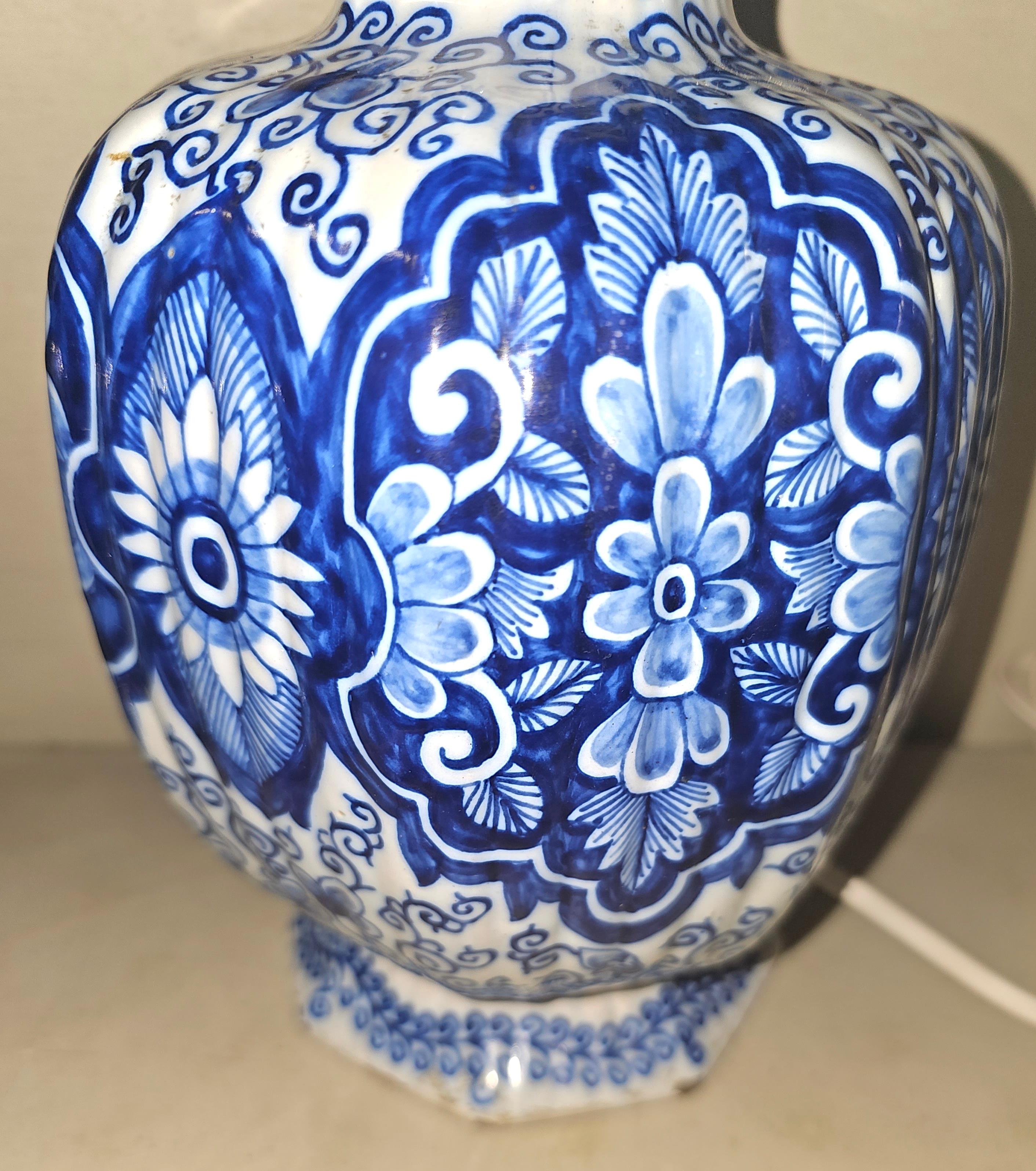 18th C. Royal Delft Blue and White Lamp Mounted Vases, Signed Van Duijn Pair In Good Condition For Sale In Germantown, MD