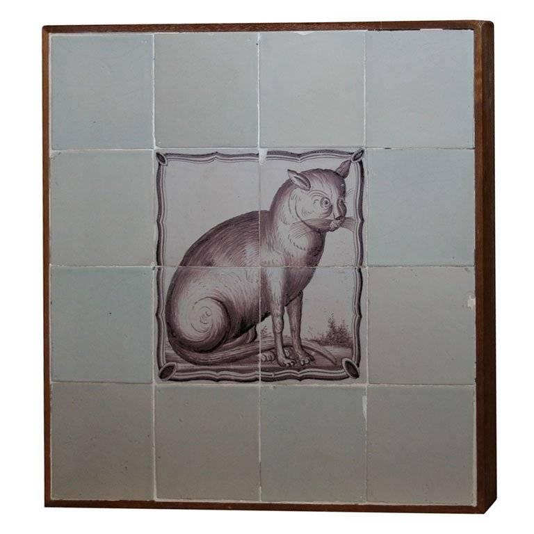 18th C Delft Tile Cat For Sale