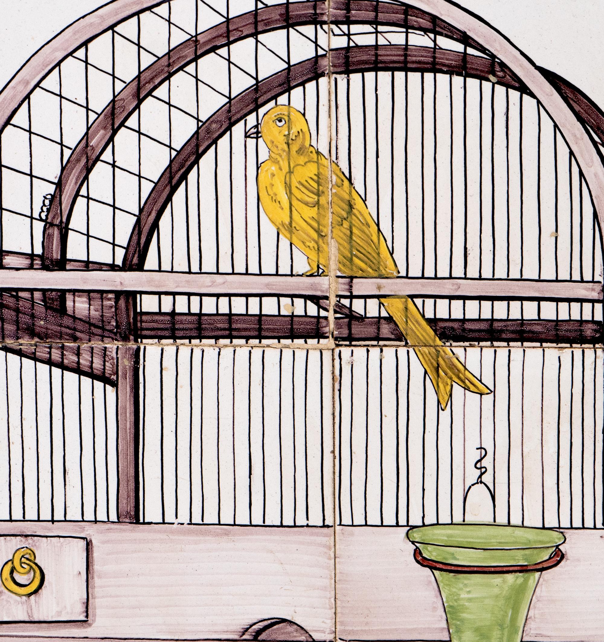 Yellow bird painted on set of 4 Delft ceramic tiles. 

Hanging apparatus on back. 

10.25 x 10.25 in.