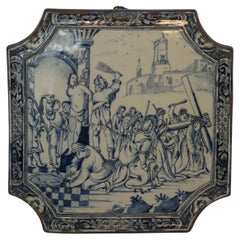 XVIIIe siècle Plaque en faïence bleue et blanche de Delft, Christ, 26 x 26 cm