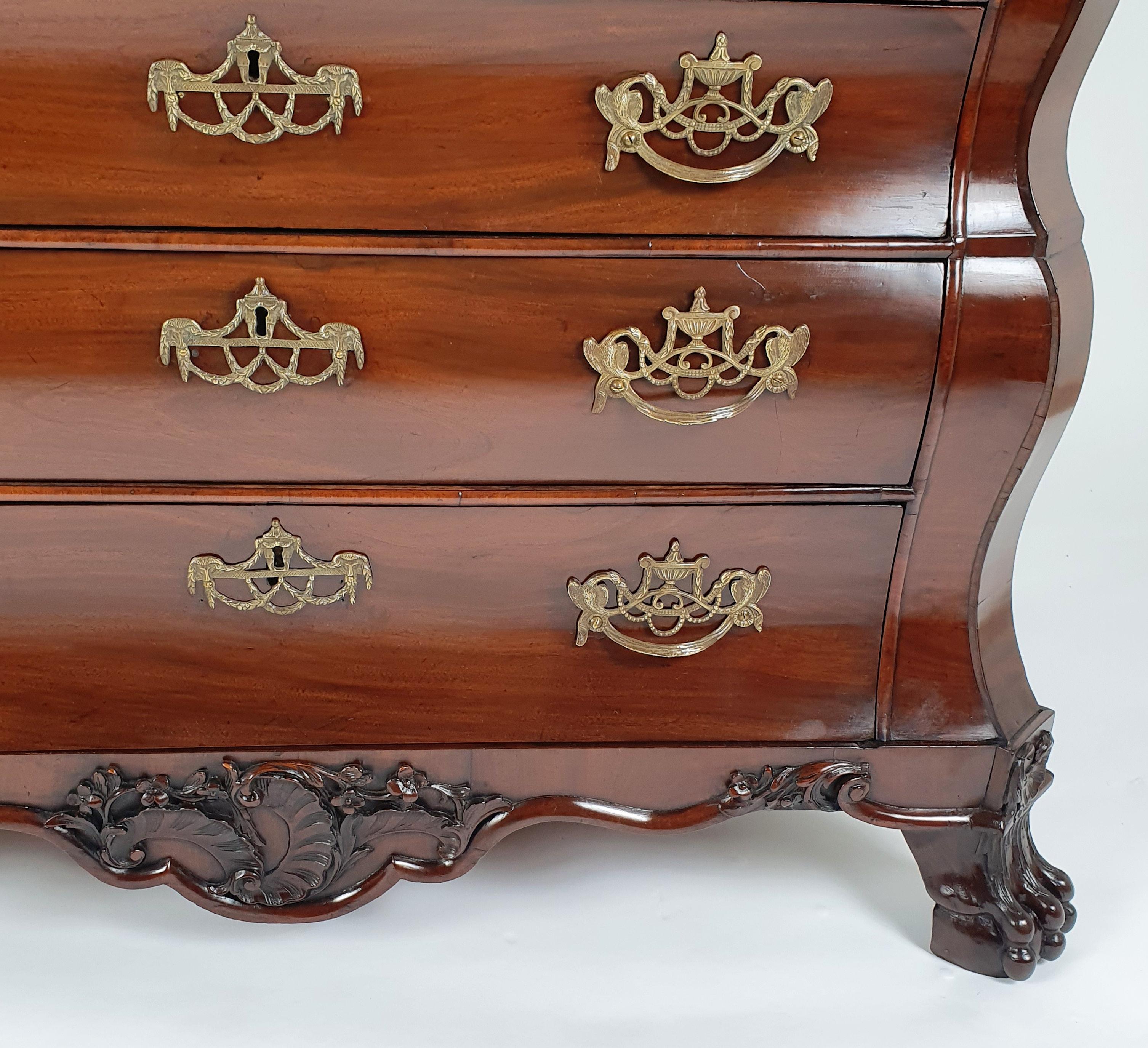 Carved 18th Century Dutch Figured Mahogany Bombe Shaped Chest