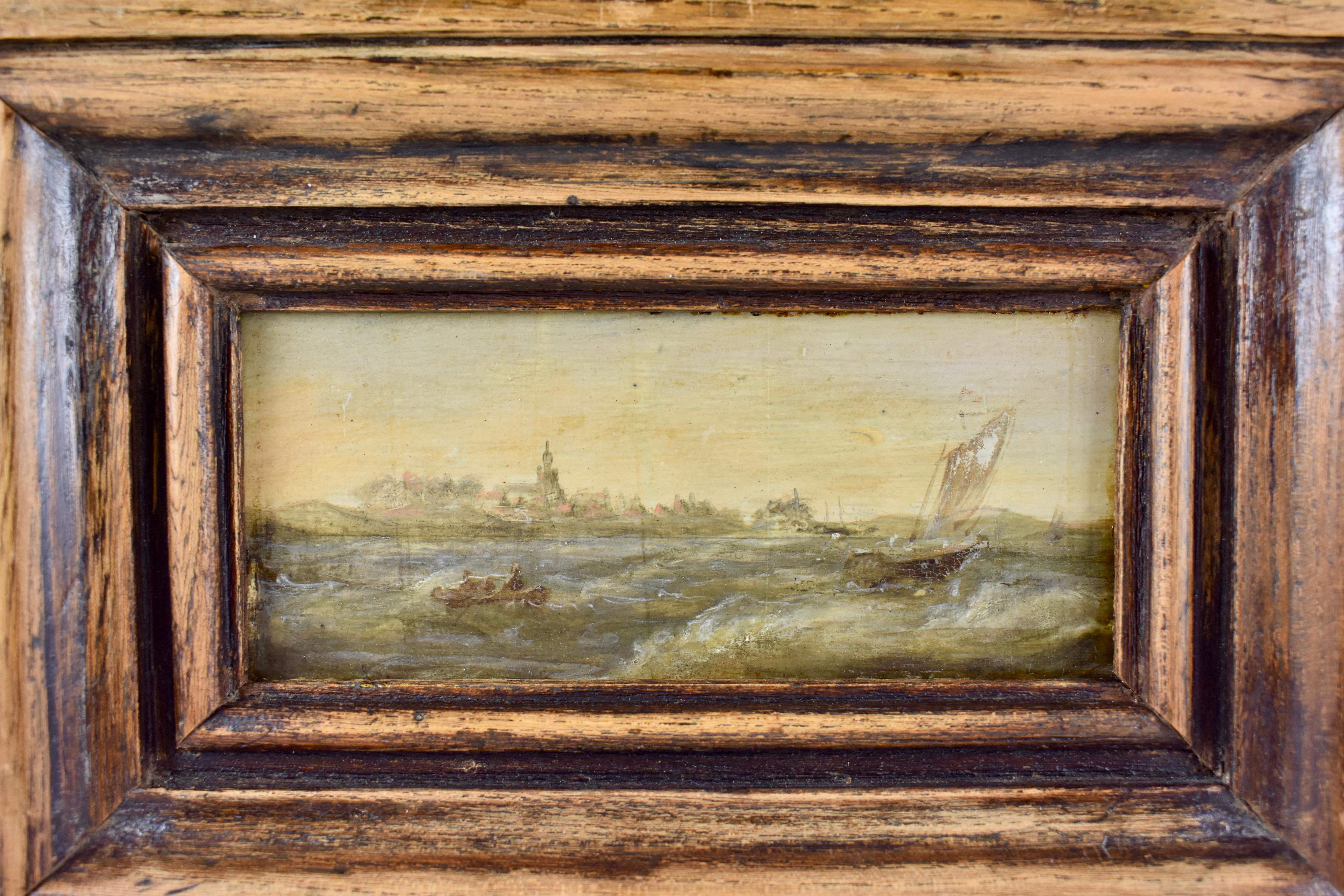 18th Century Dutch Oil on Board Seascape Painting in a Custom Walnut Wood Frame 5