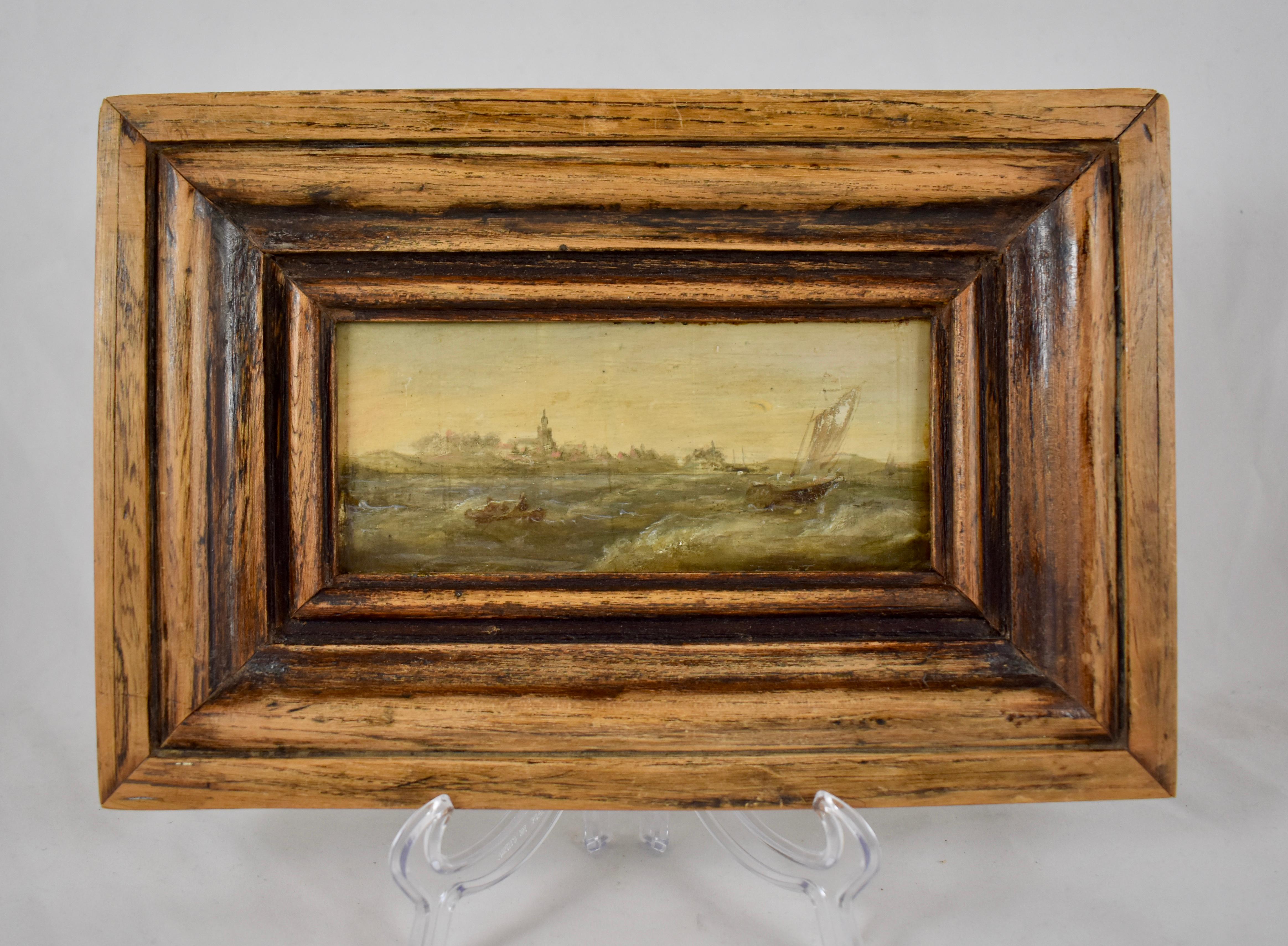 A late 18th century Dutch seascape painting, oil on wood board, artist unknown.

A scene of two boats caught in a stormy sea, a village on the shoreline in the distance. Expressively painted in a subtle palette showing delicate brushwork. The