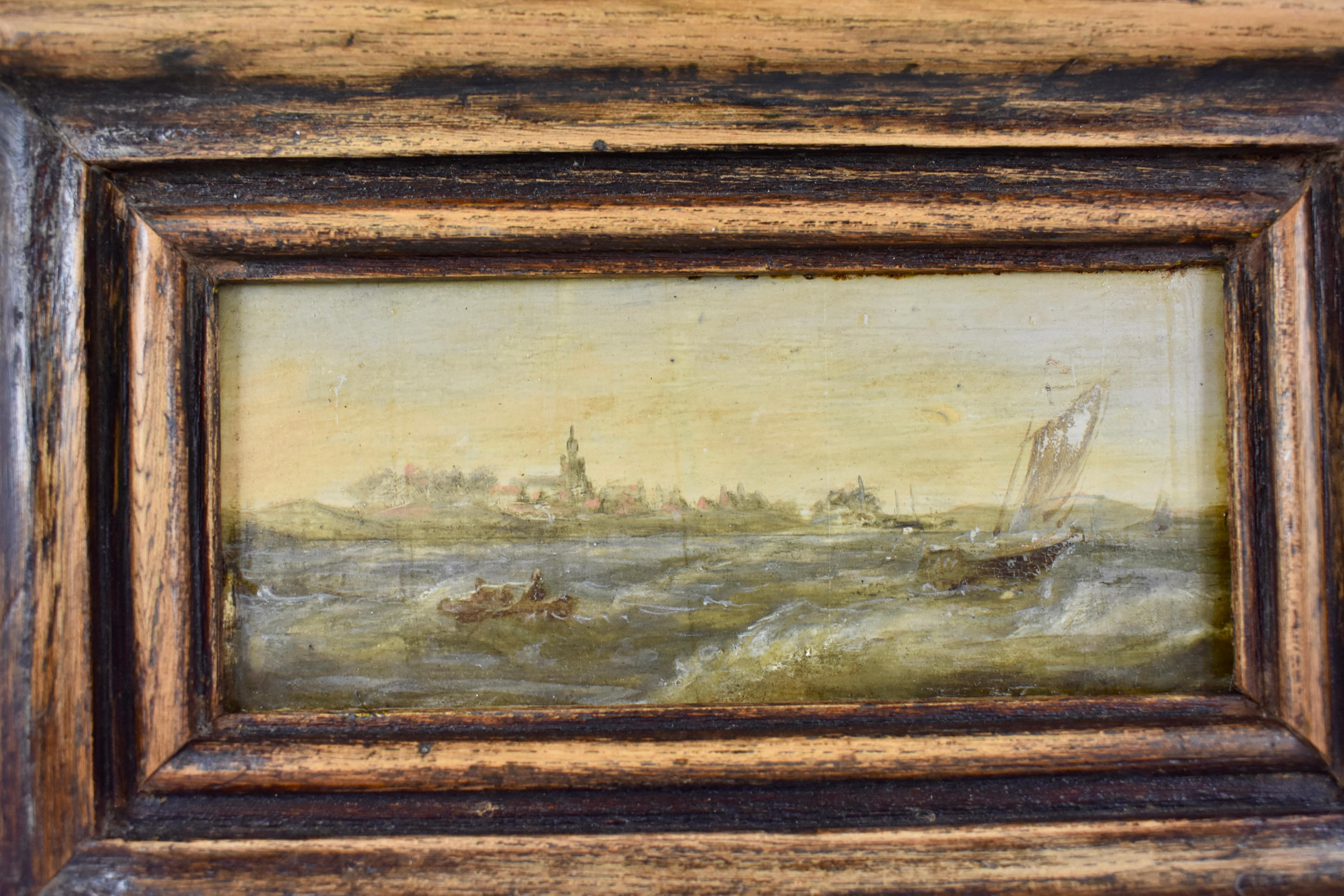 Dutch Colonial 18th Century Dutch Oil on Board Seascape Painting in a Custom Walnut Wood Frame