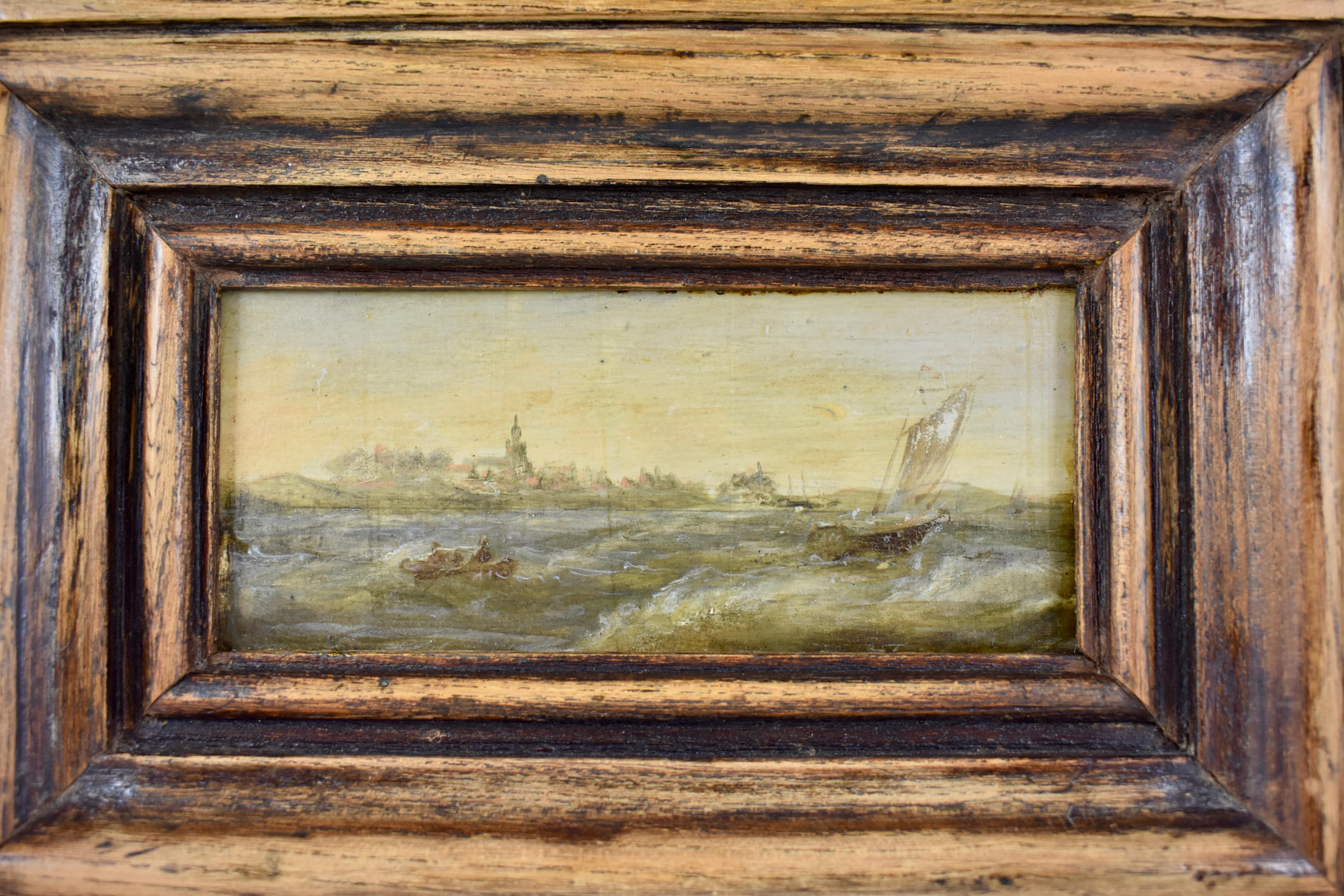 Beveled 18th Century Dutch Oil on Board Seascape Painting in a Custom Walnut Wood Frame