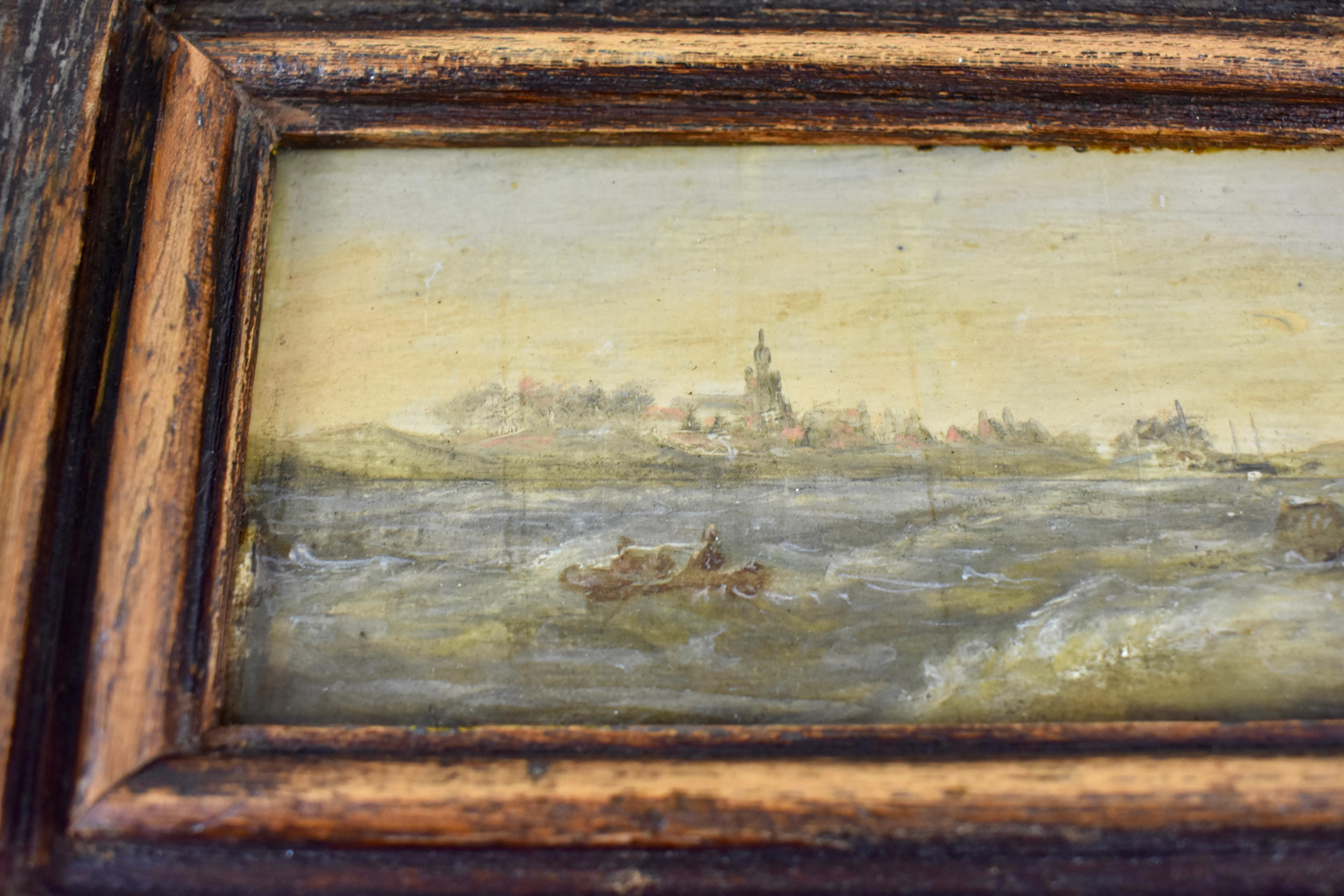 18th Century Dutch Oil on Board Seascape Painting in a Custom Walnut Wood Frame In Good Condition In Philadelphia, PA