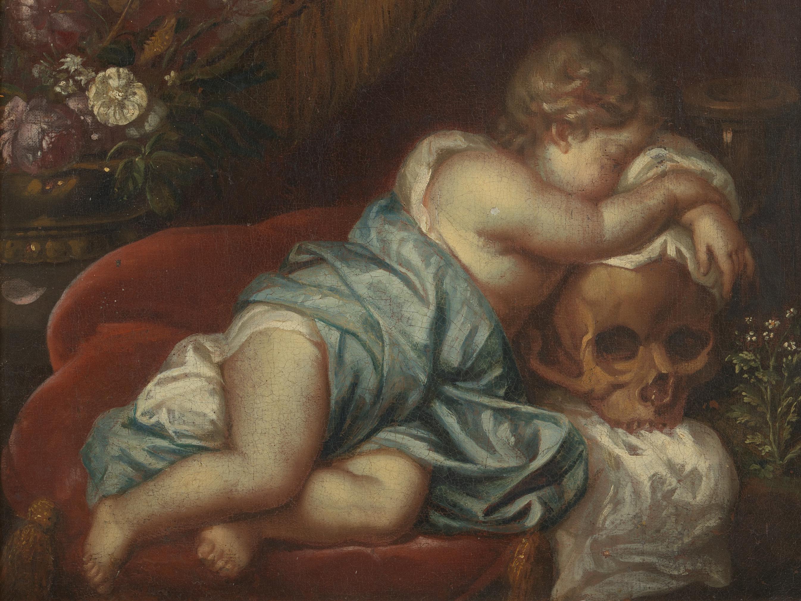 Batik Dutch Shool, Vanitas Scene with Cherub Leaning on a Skull, Oil on Canvas