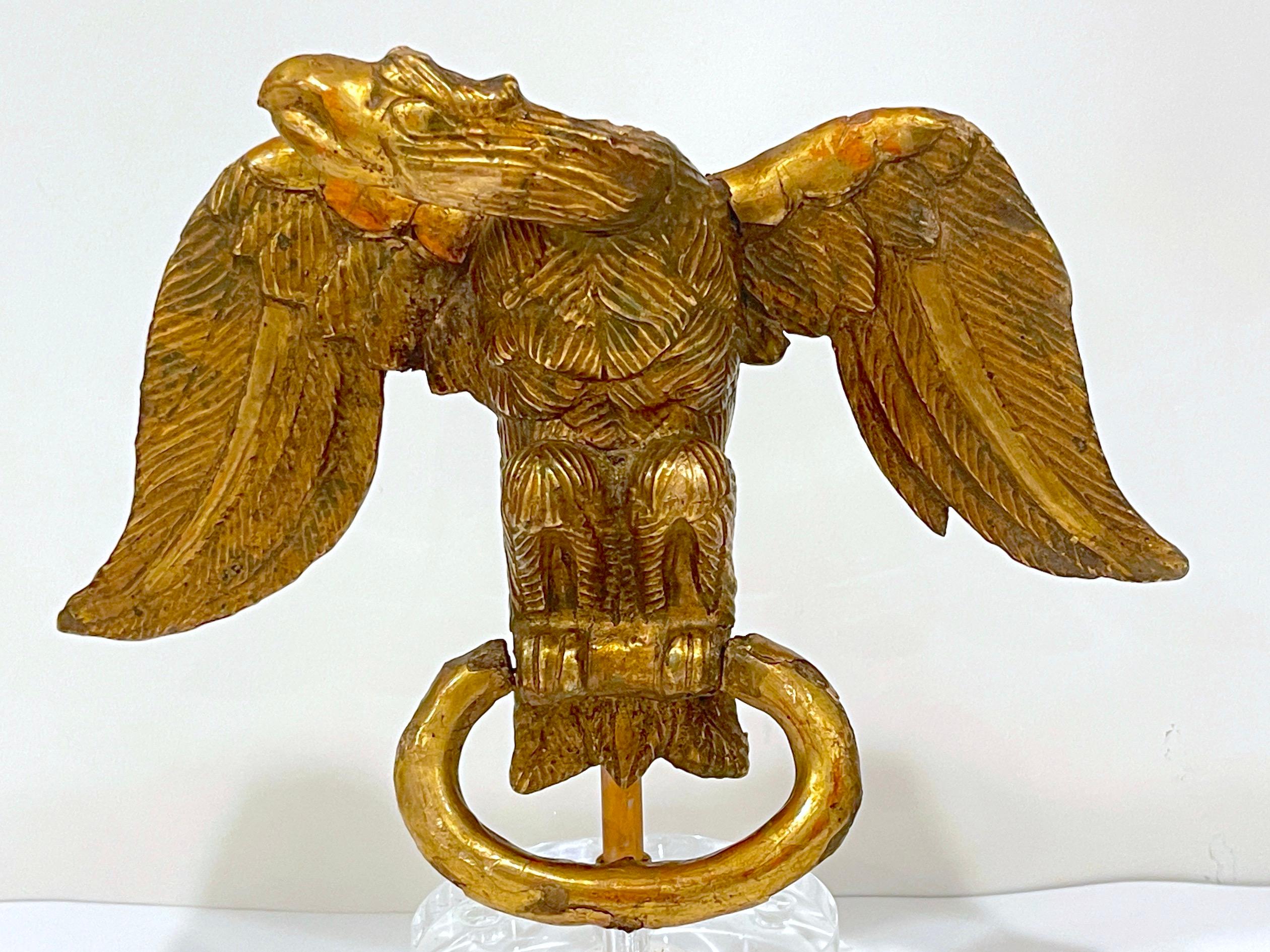 Georgian 18th C. English Carved Giltwood Eagle Facing Left, on Lucite Pedestal Base For Sale