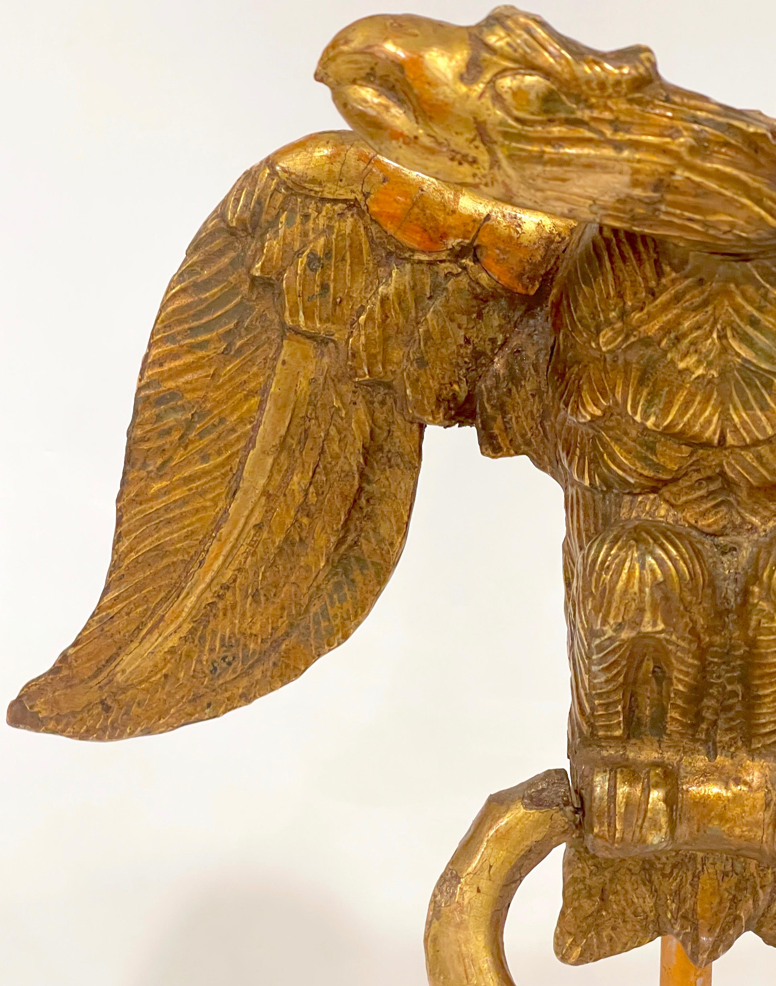 Brass 18th C. English Carved Giltwood Eagle Facing Left, on Lucite Pedestal Base For Sale