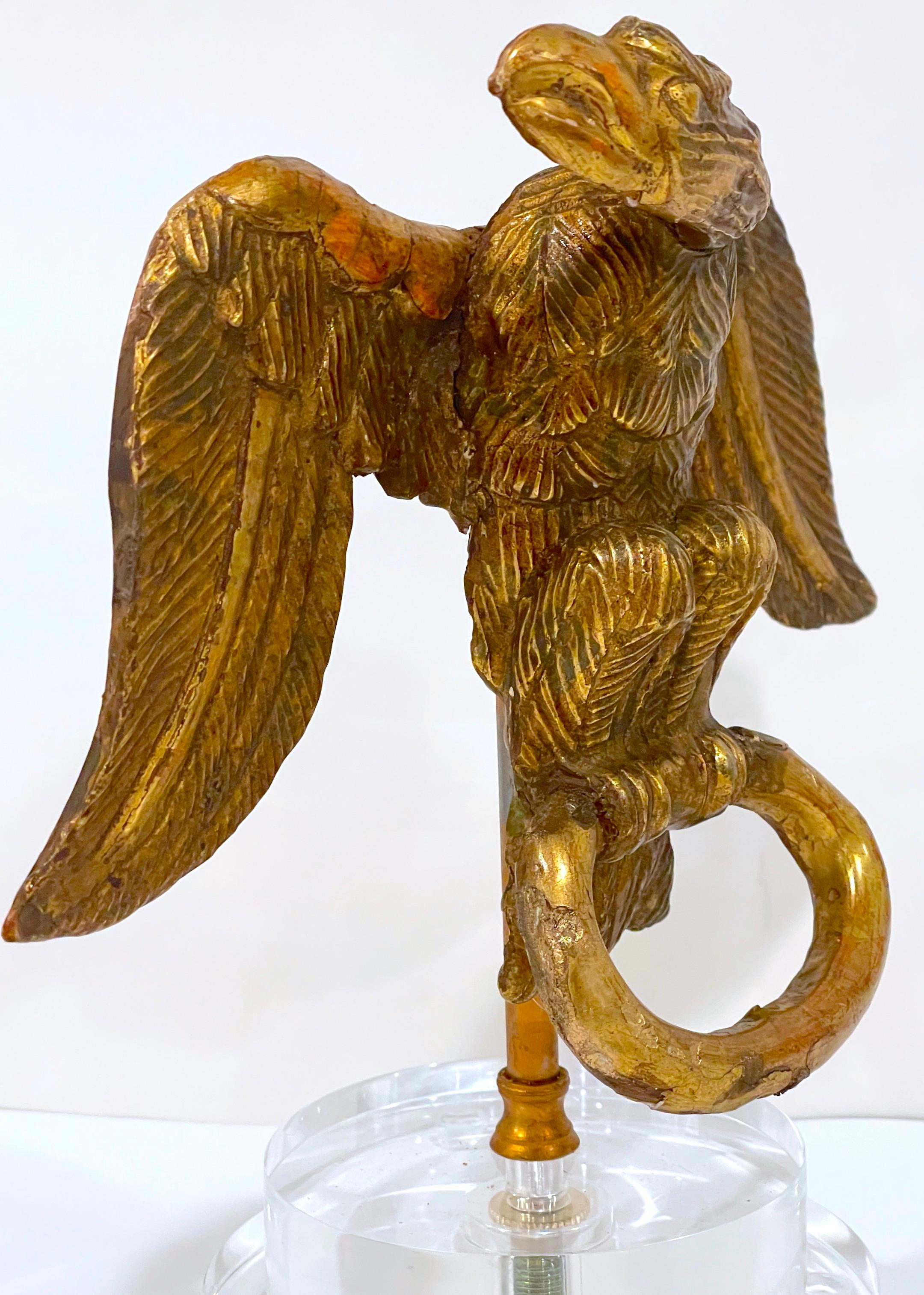 18th C. English Carved Giltwood Eagle Facing Left, on Lucite Pedestal Base For Sale 1