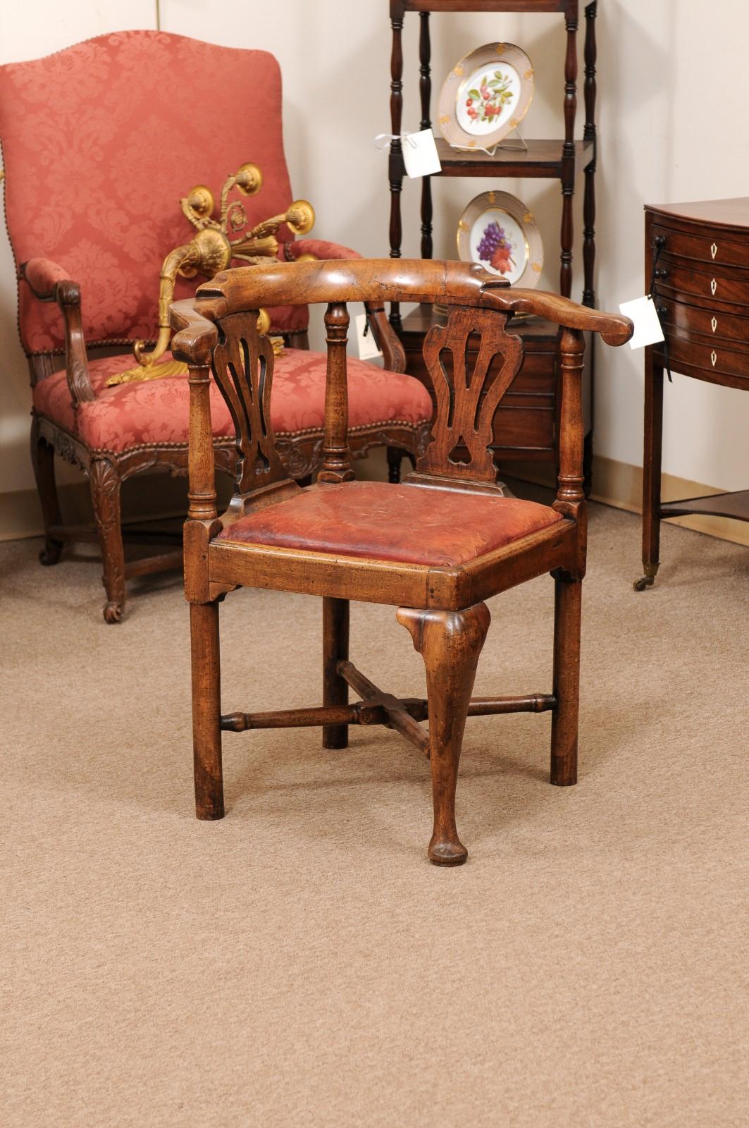 18th C English Corner Chair in Mahogany w/ X-Stretcher& Leather Upholstered Seat 7