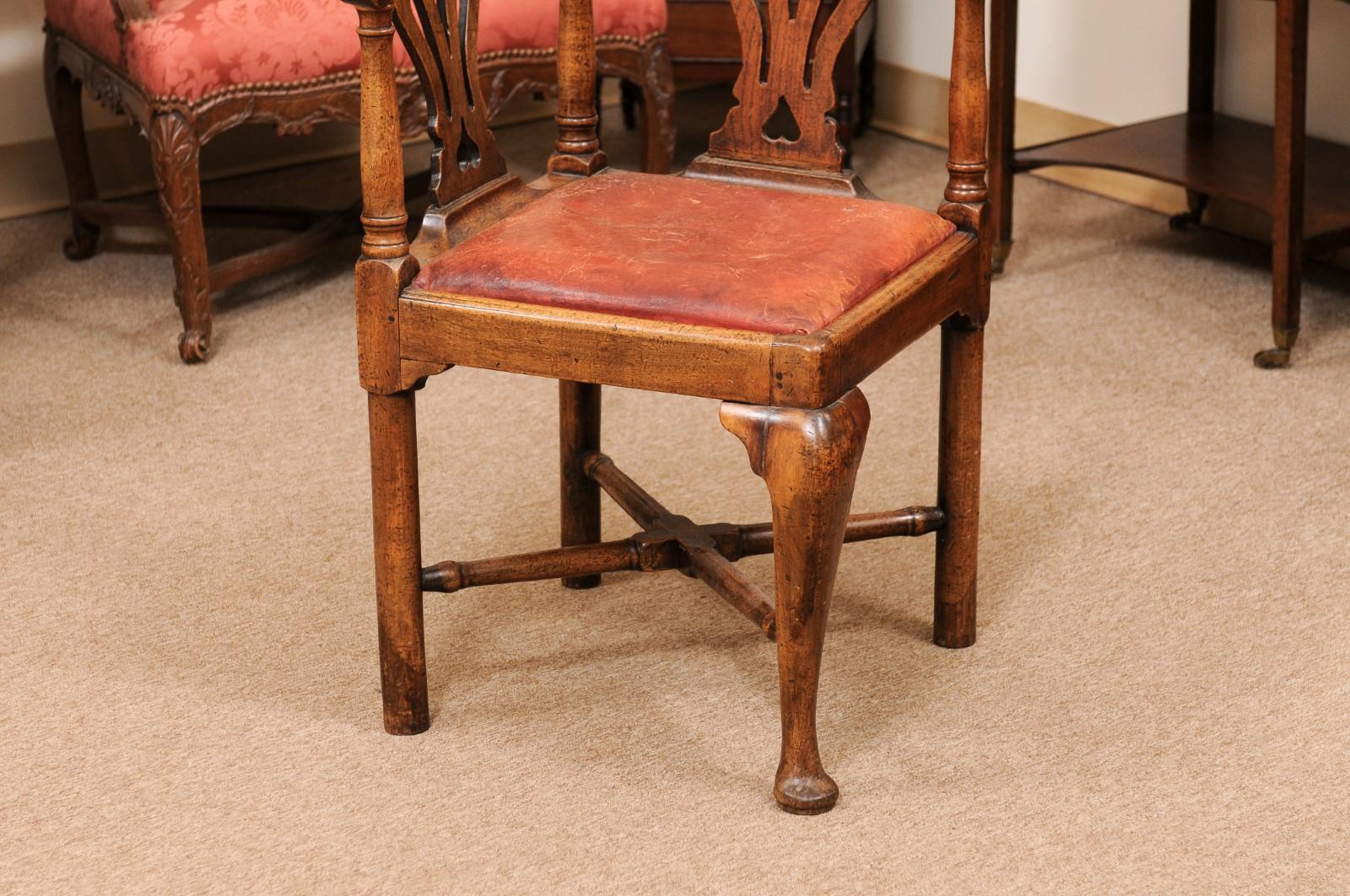 18th C English Corner Chair in Mahogany w/ X-Stretcher& Leather Upholstered Seat 8