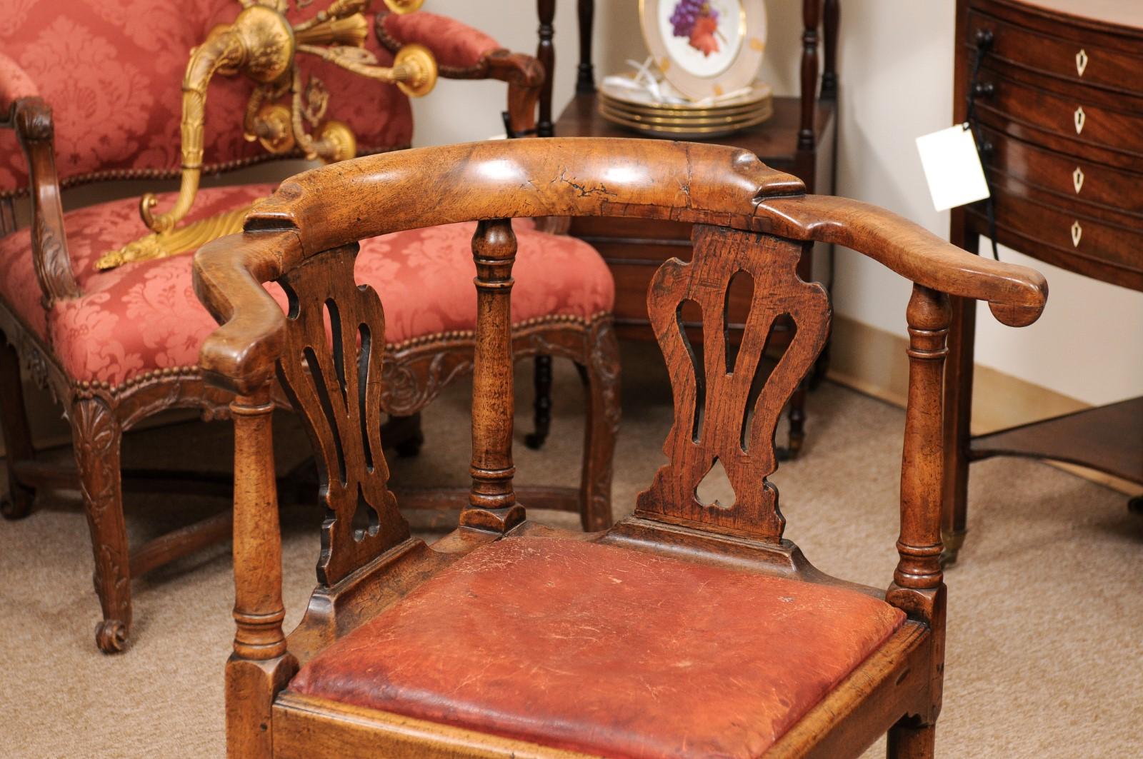 18th C English Corner Chair in Mahogany w/ X-Stretcher& Leather Upholstered Seat 9