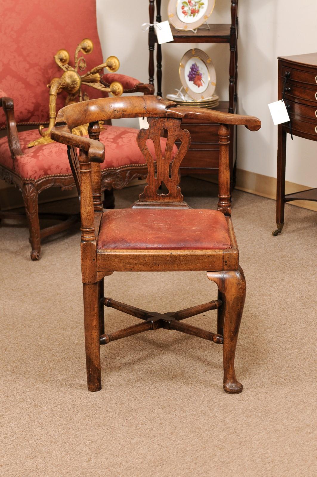 18th C English Corner Chair in Mahogany w/ X-Stretcher& Leather Upholstered Seat 10