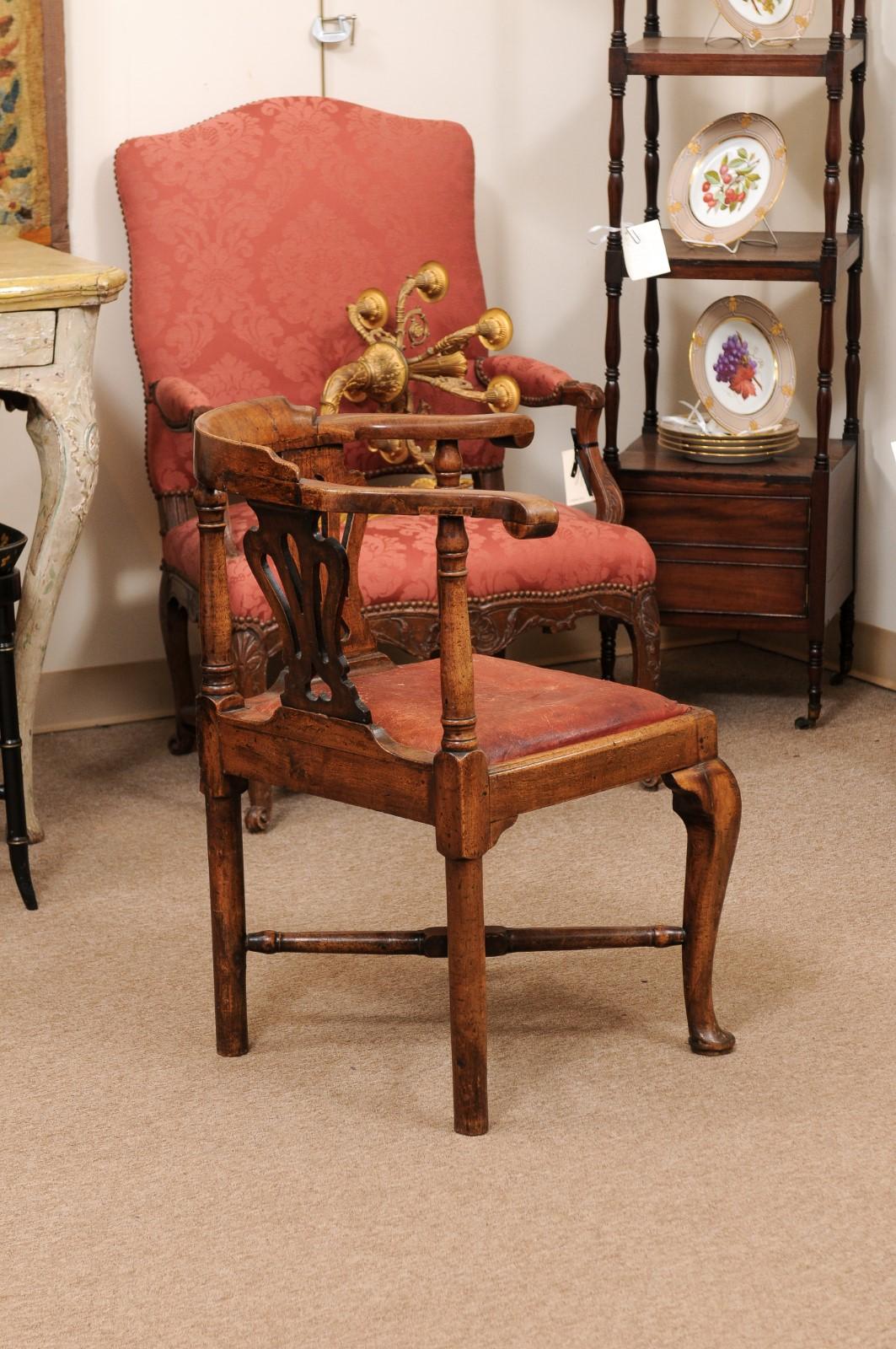 18th C English Corner Chair in Mahogany w/ X-Stretcher& Leather Upholstered Seat 11