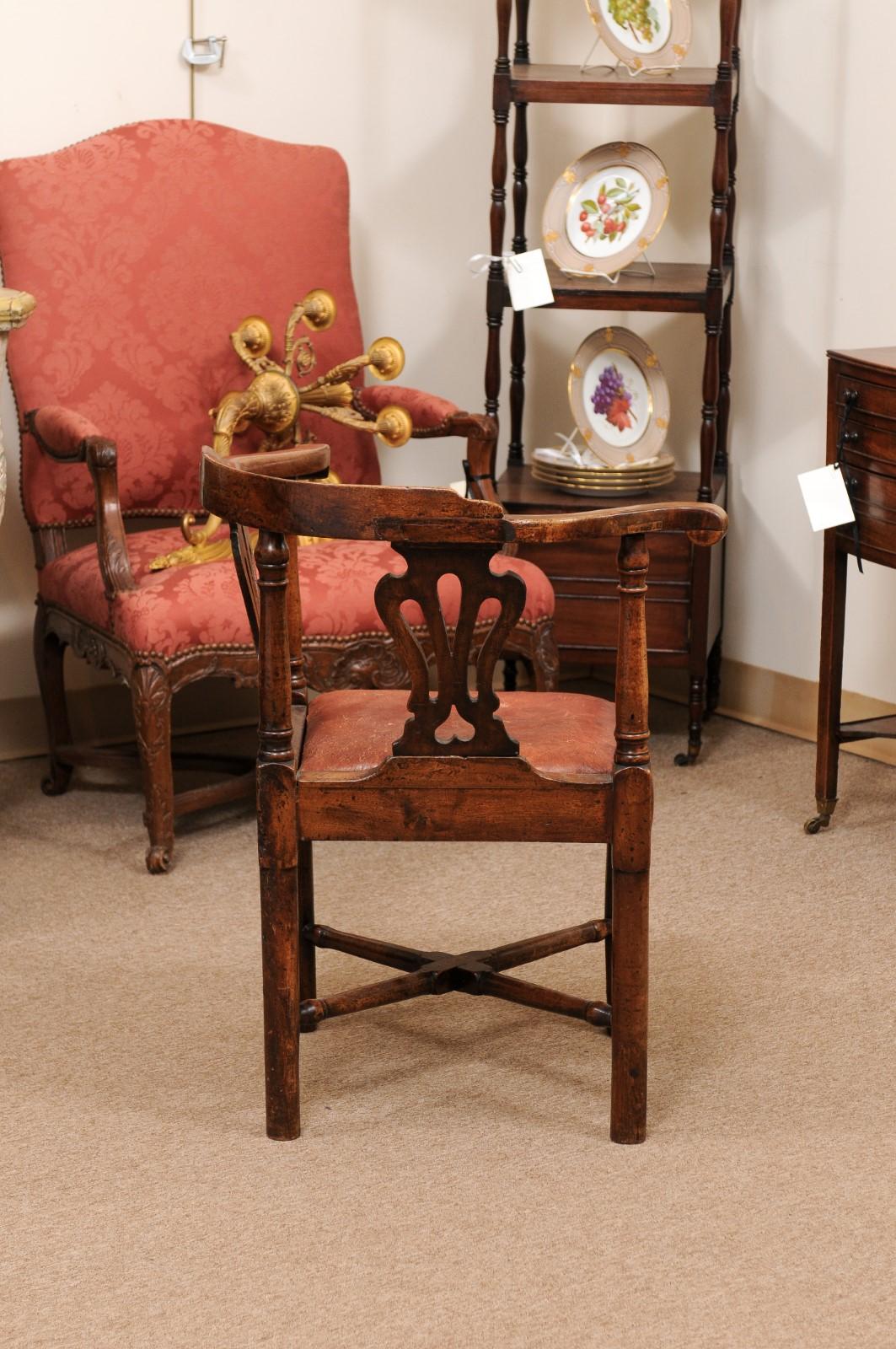 18th Century English Corner Chair in Mahogany with X-Stretcher & Leather Upholstered Seat

