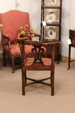 18th C English Corner Chair in Mahogany w/ X-Stretcher& Leather Upholstered Seat