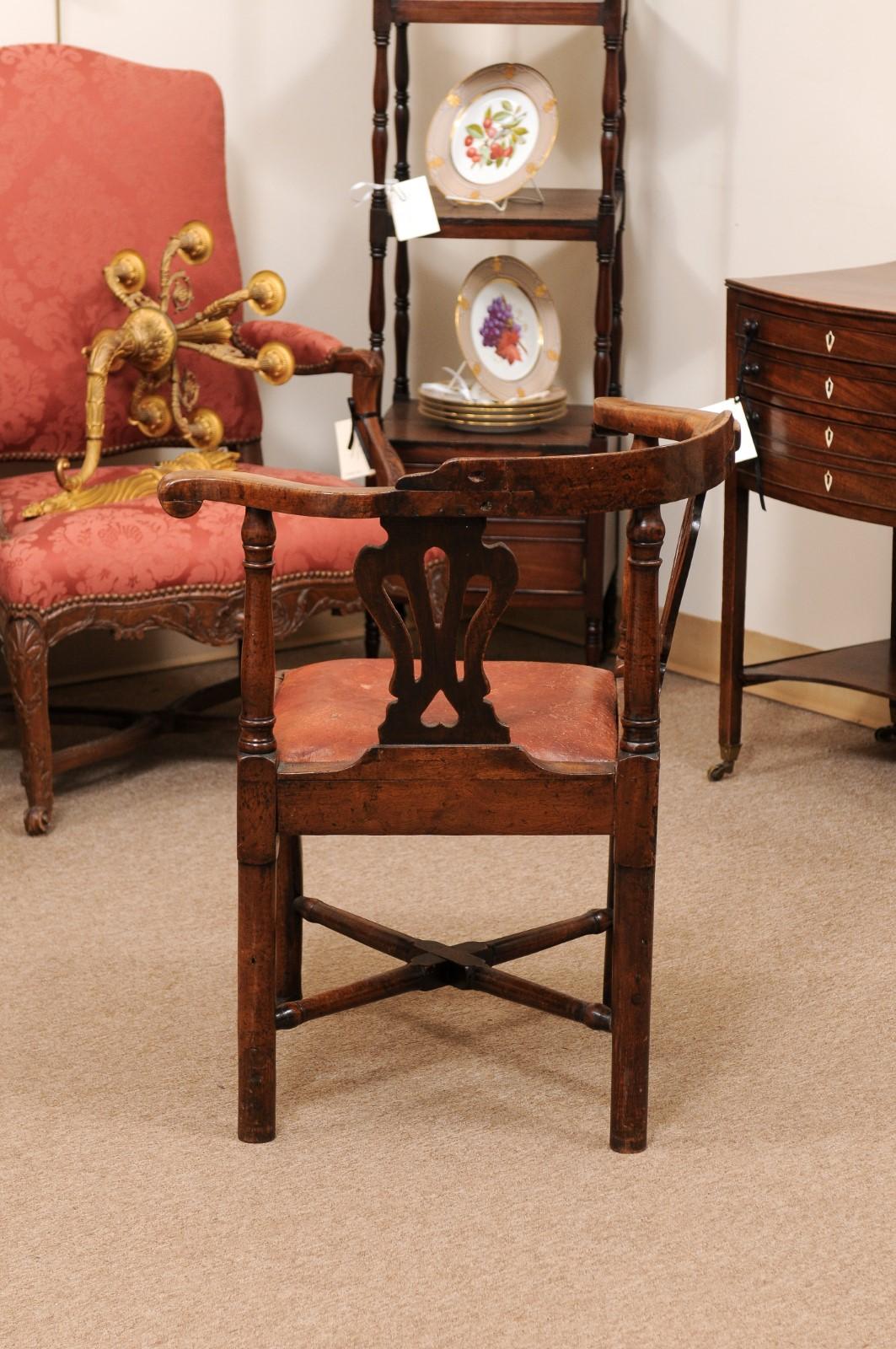 18th Century and Earlier 18th C English Corner Chair in Mahogany w/ X-Stretcher& Leather Upholstered Seat