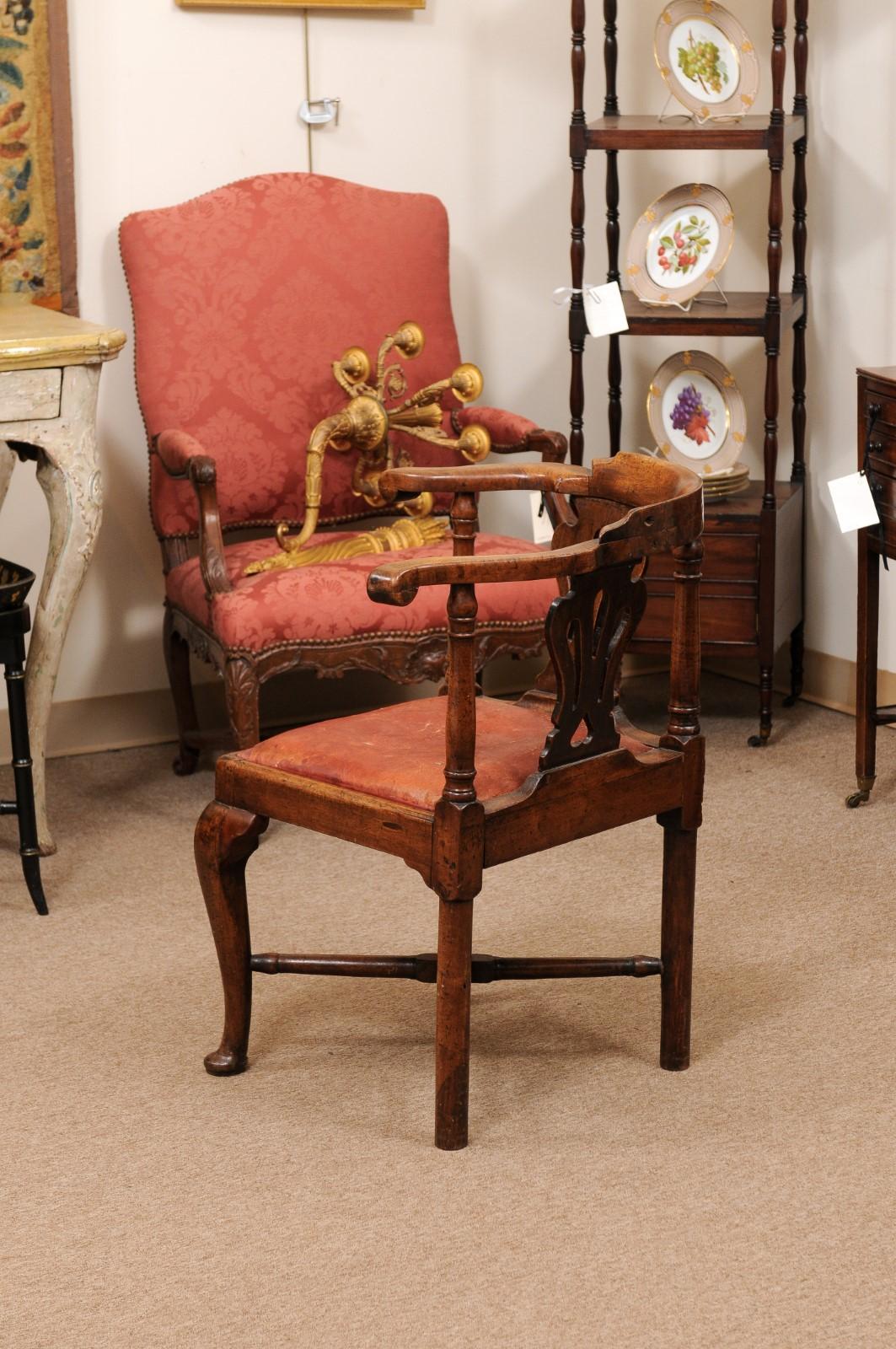 18th C English Corner Chair in Mahogany w/ X-Stretcher& Leather Upholstered Seat 1