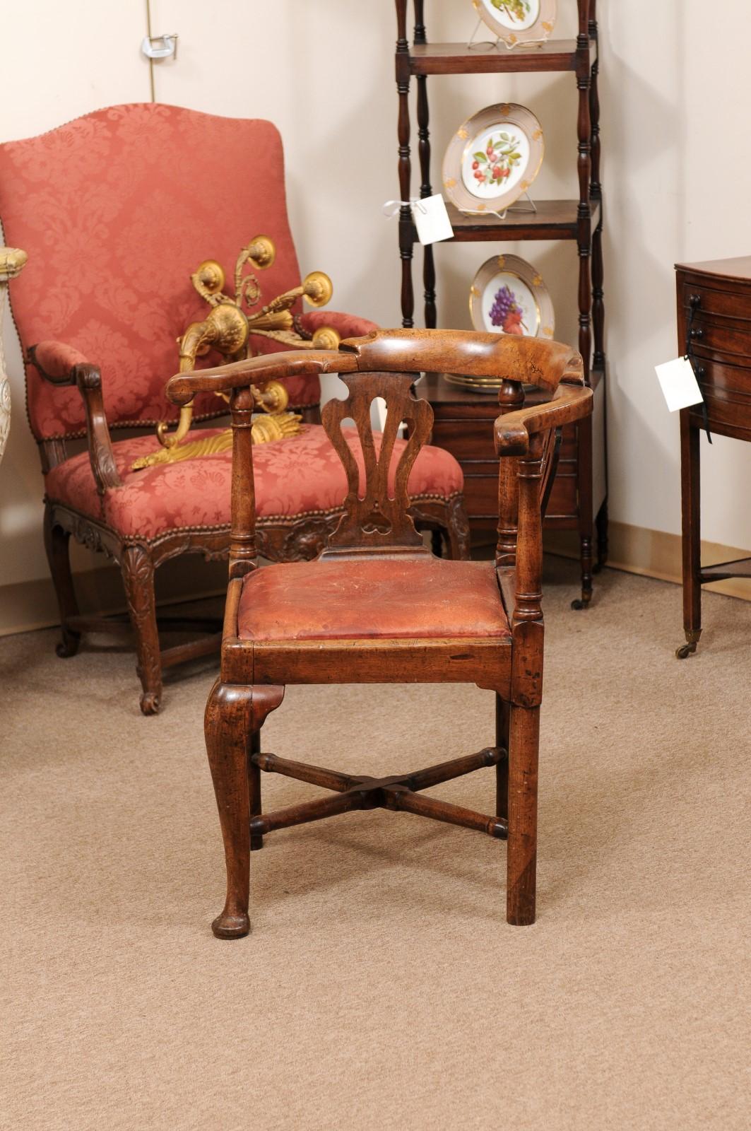 18th C English Corner Chair in Mahogany w/ X-Stretcher& Leather Upholstered Seat 2