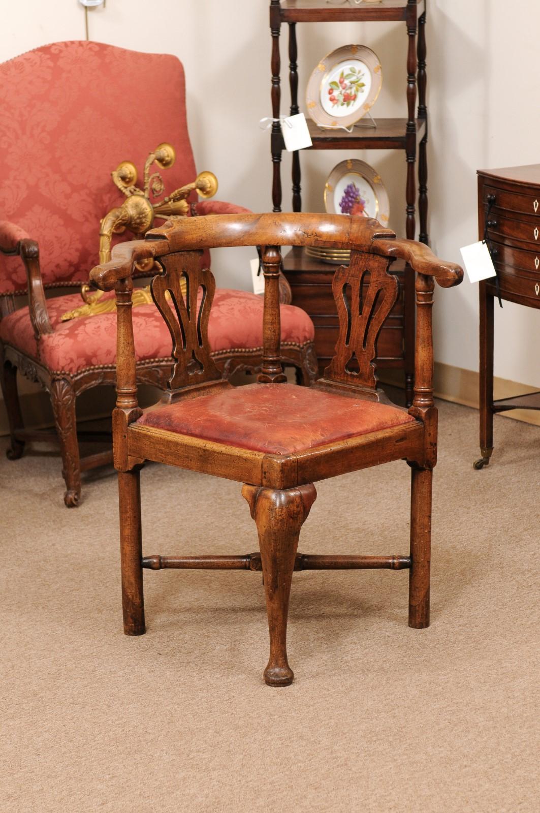 18th C English Corner Chair in Mahogany w/ X-Stretcher& Leather Upholstered Seat 3