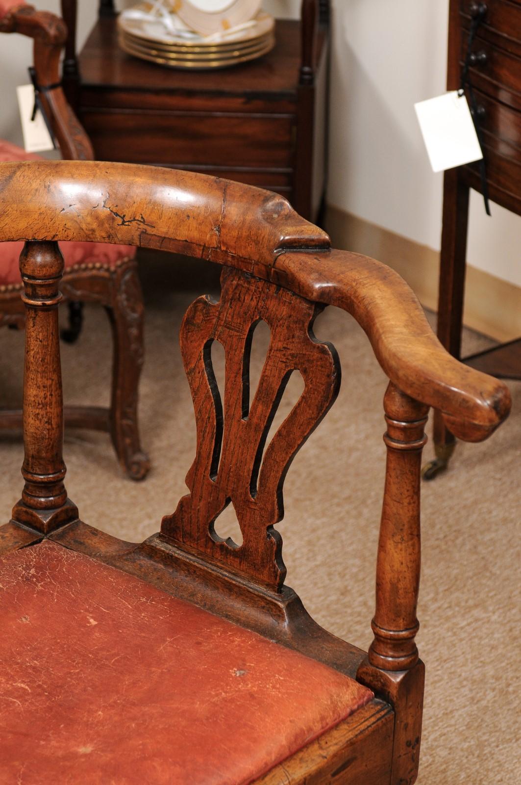 18th C English Corner Chair in Mahogany w/ X-Stretcher& Leather Upholstered Seat 4