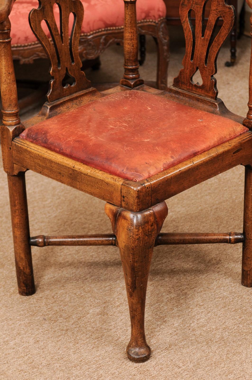 18th C English Corner Chair in Mahogany w/ X-Stretcher& Leather Upholstered Seat 5