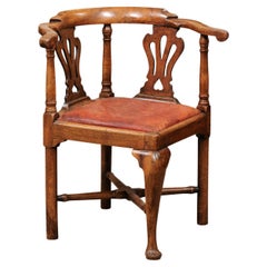 18th C English Corner Chair in Mahogany w/ X-Stretcher& Leather Upholstered Seat