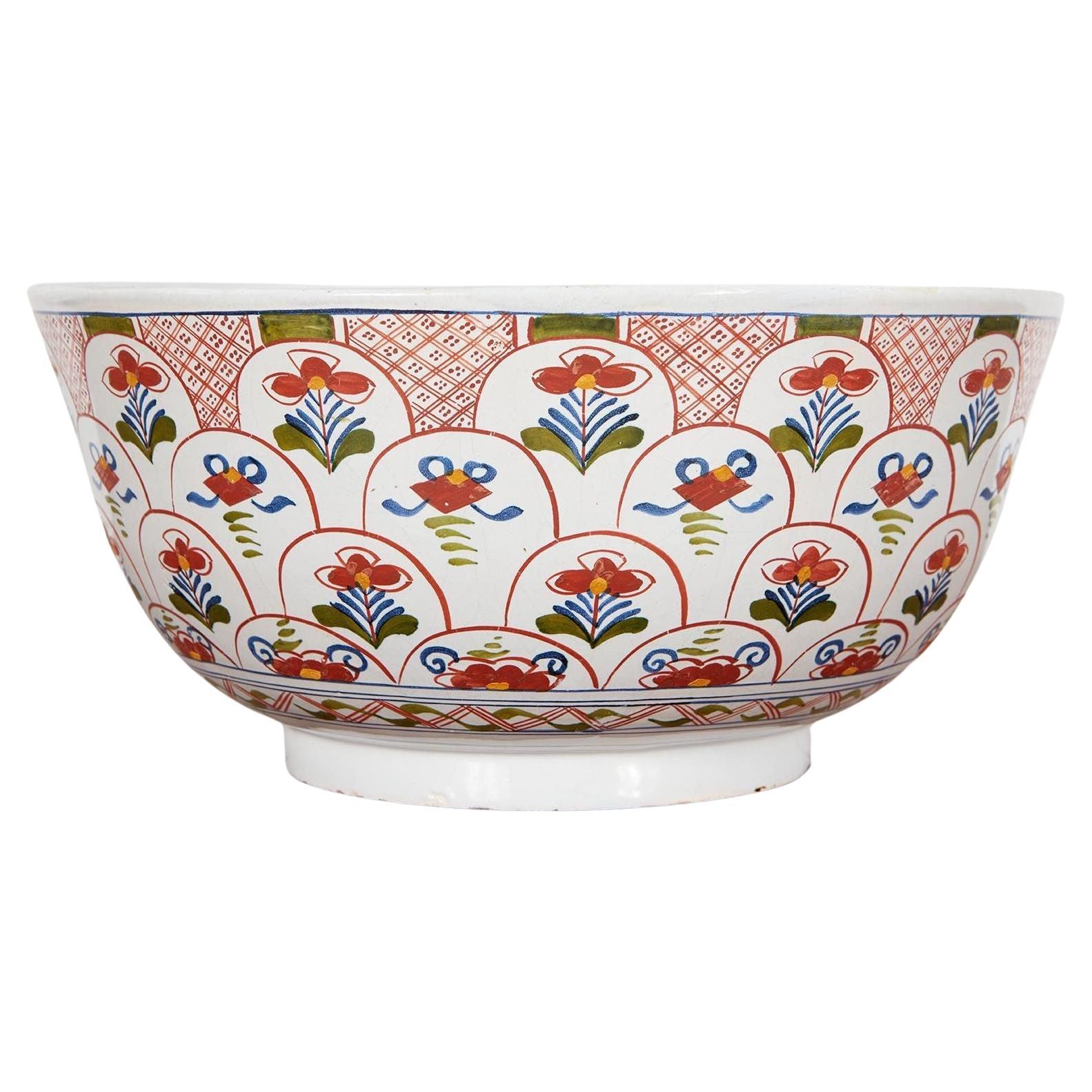 18th c. English Delft Polychrome Punch Bowl For Sale